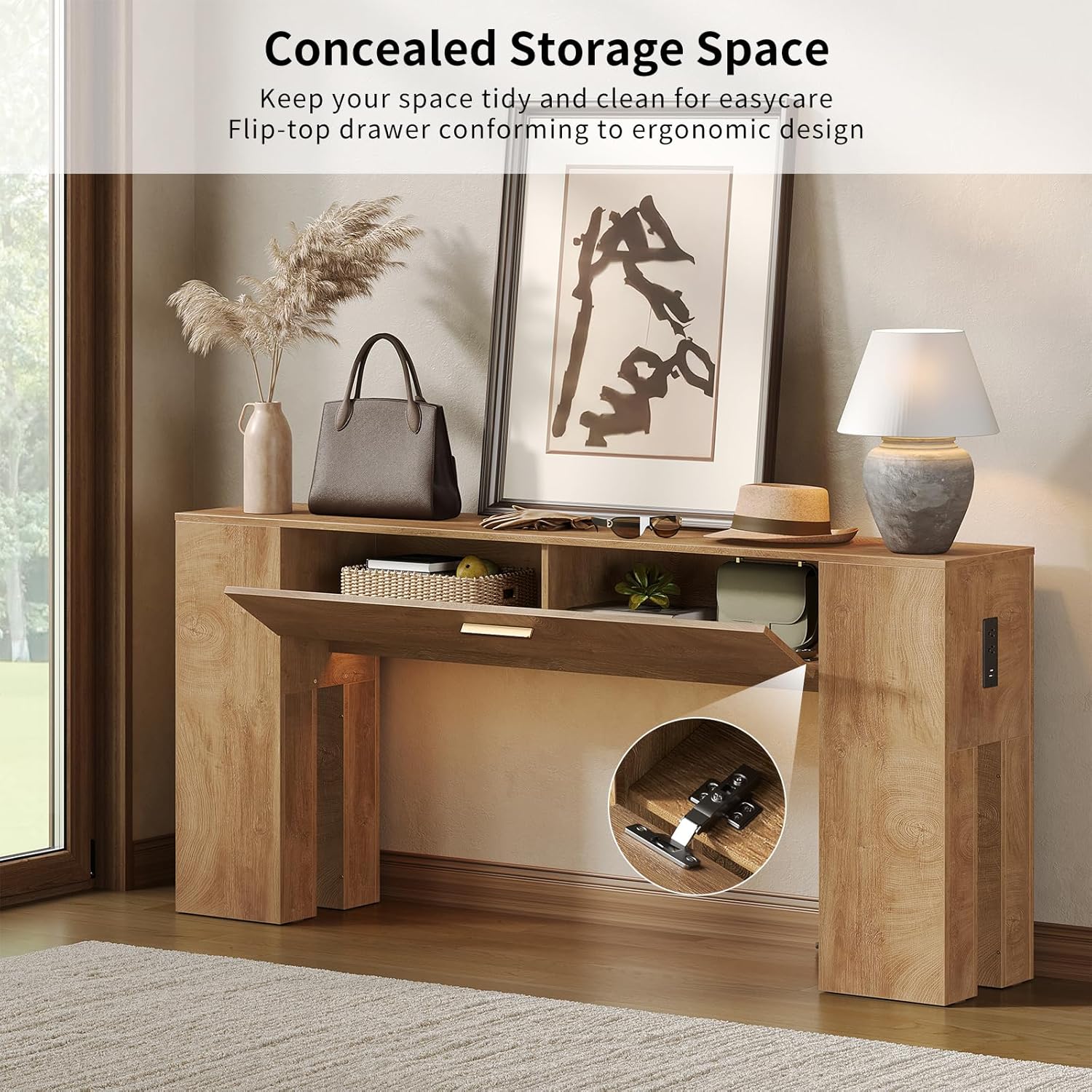 GOLDDAY 63 inch Console Tables with Charging Station and LED Light, Farmhouse Wooden Sofa Table with Drawer, Entryway Table with Wooden Bases, Behind The Couch Table for Hallway, Living Room, Brown