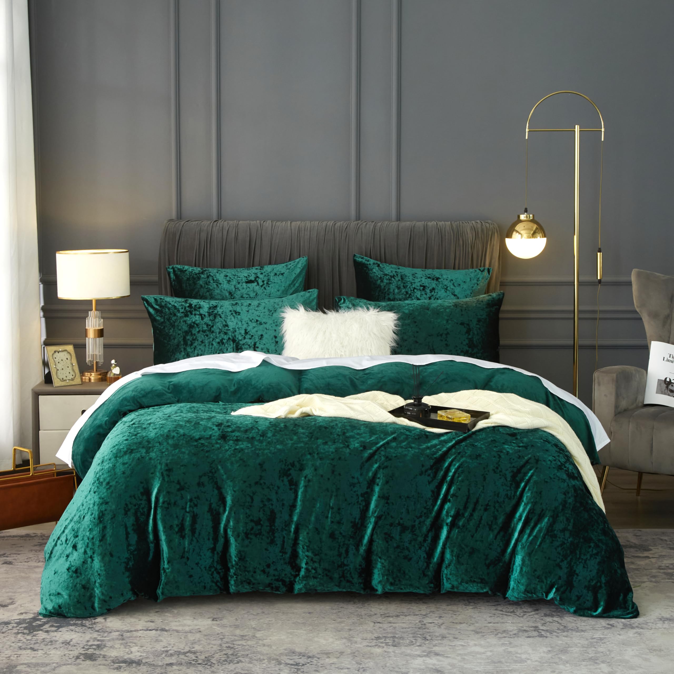 DXHOME Ropa de cama de terciopelo, 200 x 200 cm, color verde oscuro, franela para invierno, cálida, mullida, de forro polar, tacto de cachemira, reversible, funda nórdica con cremallera y 2 fundas de