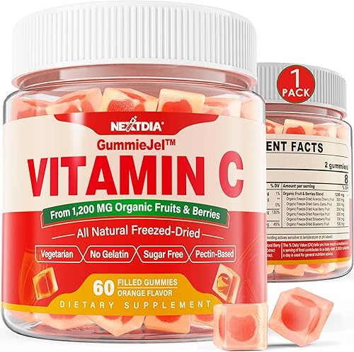 Gomitas de vitamina C integrales para adultos y niños, de 1200 mg de mezcla de frutas y bayas liofilizadas, suplemento de vitamina C cruda,