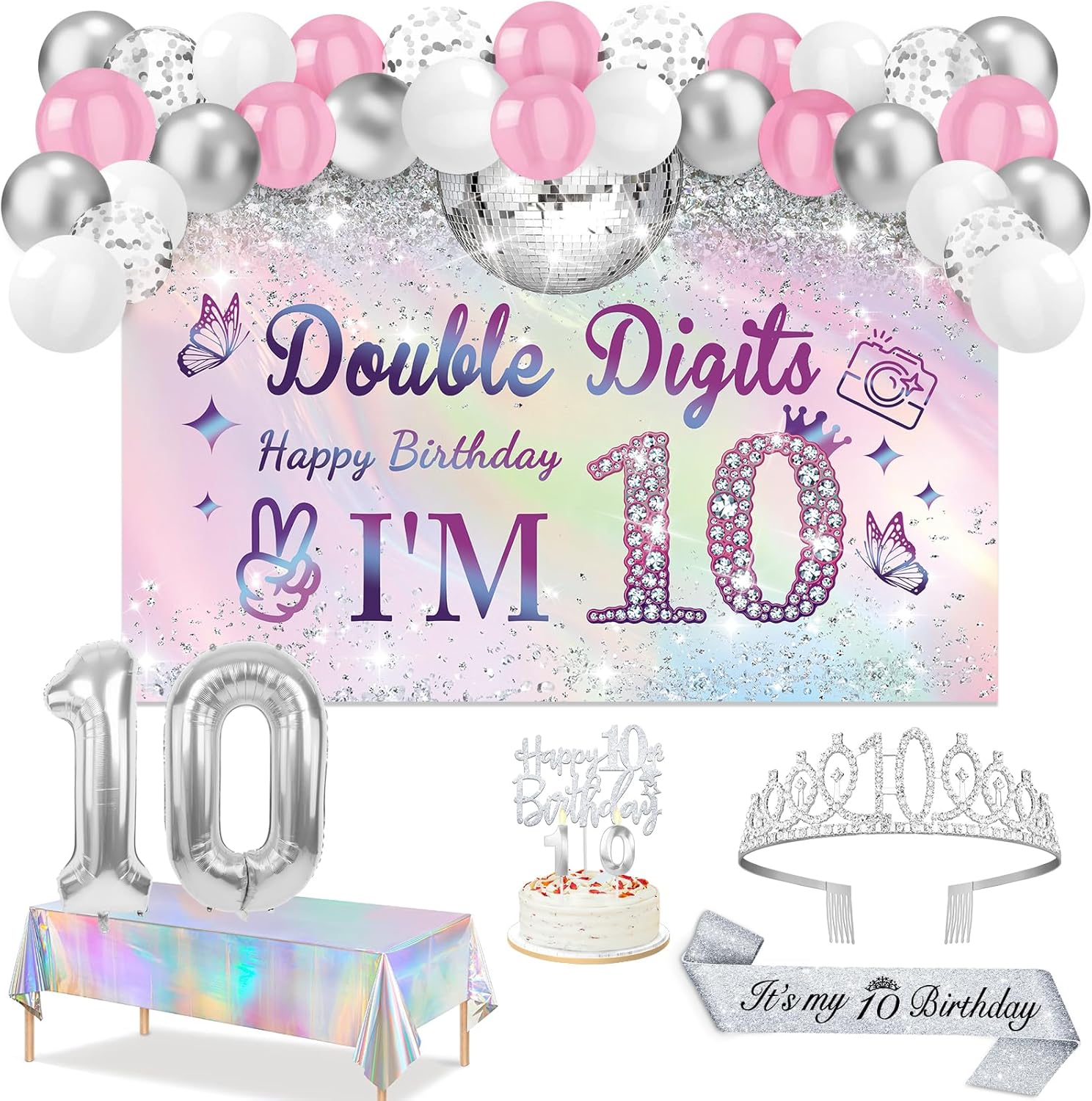 10th Birthday Decorations for Girls,49pcs Silver Dazzle Double Digits Banner, Iridescence Tablecloth, Sash, Tiara, Butterfly Decor, Happy 10th Birthday Cake Topper, Candles, Balloons Arch