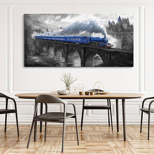 Miniatura 3 de JEAWA Lienzo grande para pared, decoración de pintura de paisaje azul, blanco y gris, imagen con tren de puente de castillo, impresiones artísticas