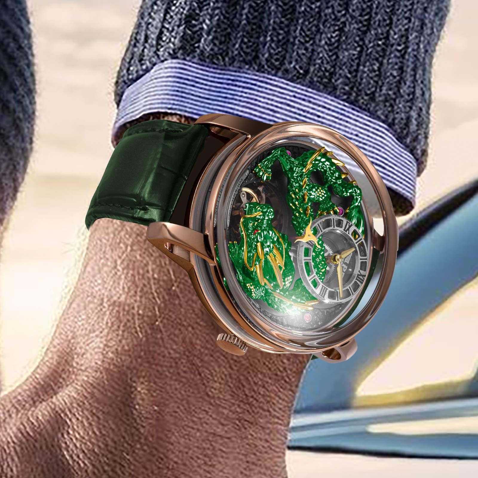 Automatik Uhr Herren - 3D Drache Design Herrenuhr Automatik mit Lederarmband, 45.5mm Edelstahlgehäuse, Luxuriöse Uhr Herren für Alltag & Festlichkeiten