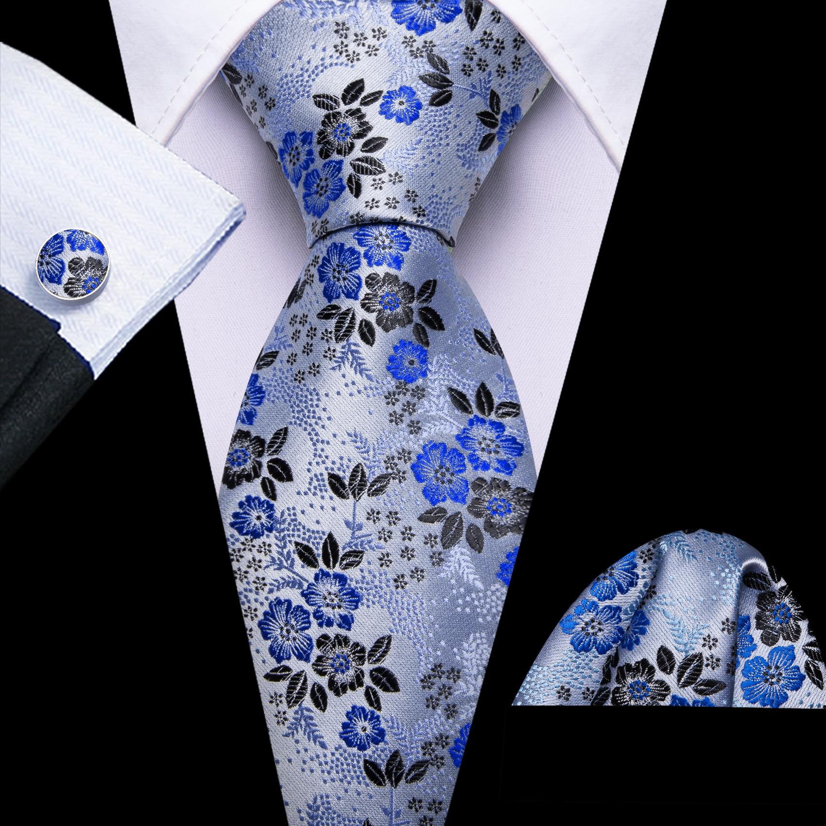 Barry.Wang Juego de gemelos cuadrados de seda para hombre, corbata floral con diseño de flores, para boda, fiesta, negocios
