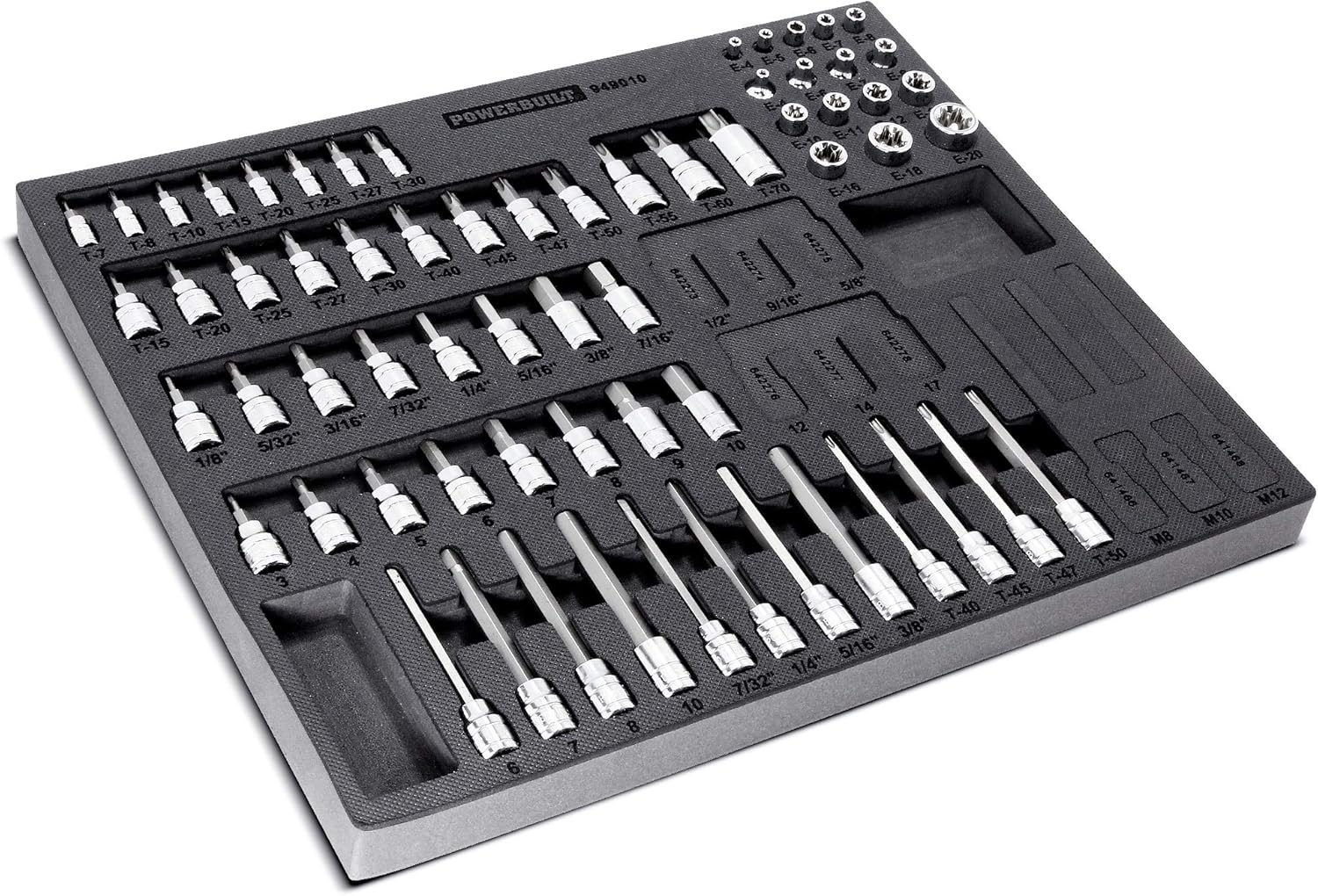 Powerbuilt 64 Piece Bit Socket Set, Hex, Torx, Specialty Bits, Up to 4 Inch Length, Long Reach E-Torx, Laser-Cut Organizing Tray, 949010