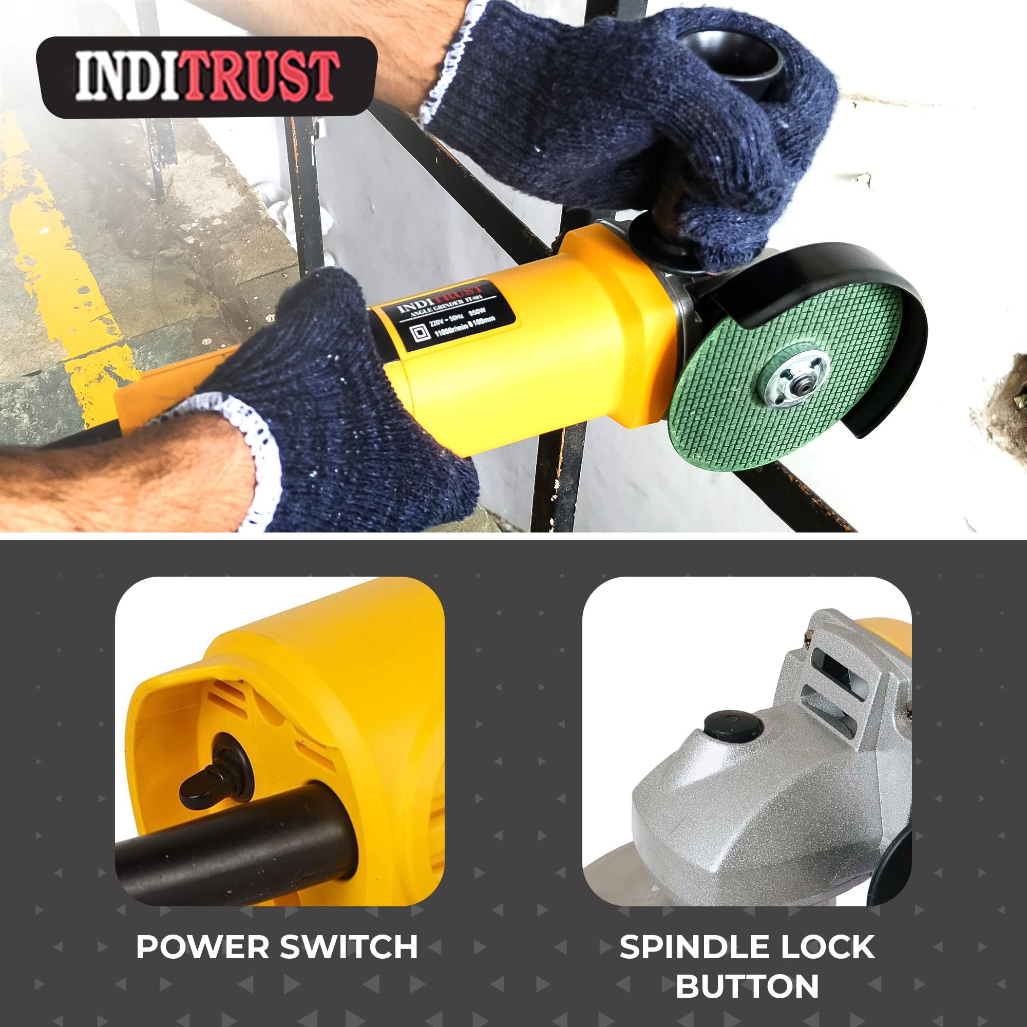 Inditrust 100% Copper Winding 10mm Electric drill machine & Electric Angle Grinder Machine 100mm 8pcs Wheel Combo 5pc Wood 1pc Masonry & GLOVES (Pack of 13) 1
