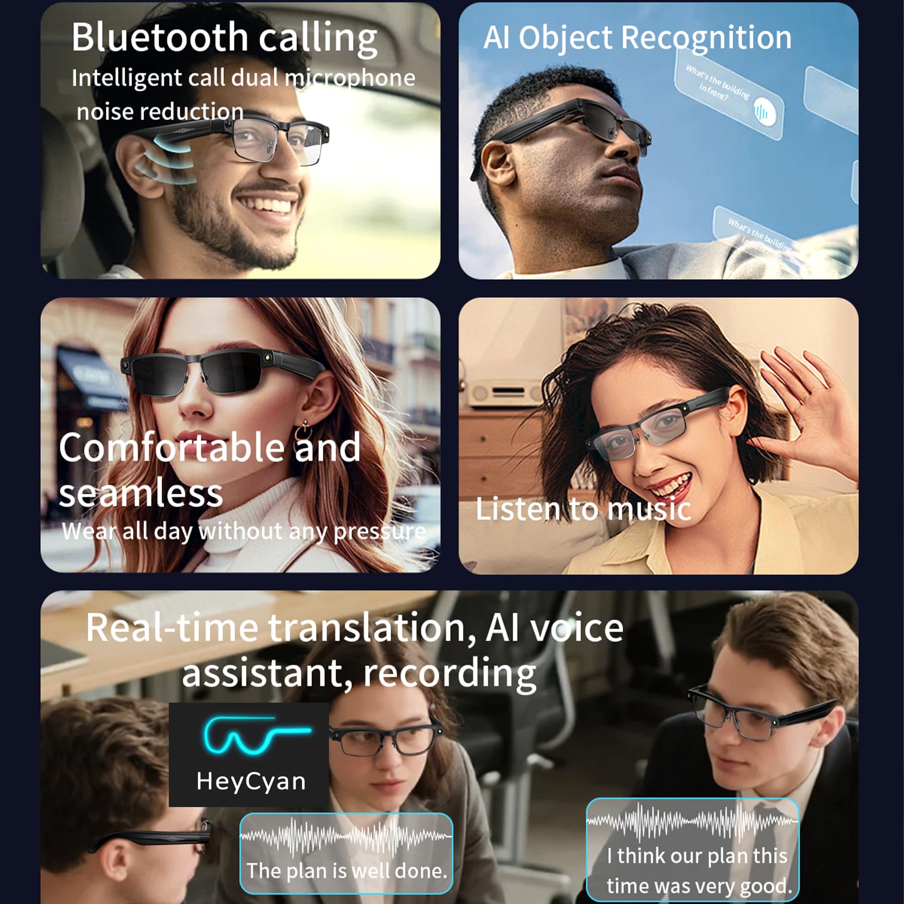 AI Smart Glasses con Telecamera 8MP, Occhiali Intelligenti Bluetooth da Uomo, Occhiali da Sole con Videocamera Integrata, Traduzione in Tempo Reale, Musica Open-Ear, Microfono Dual Noise Reduction