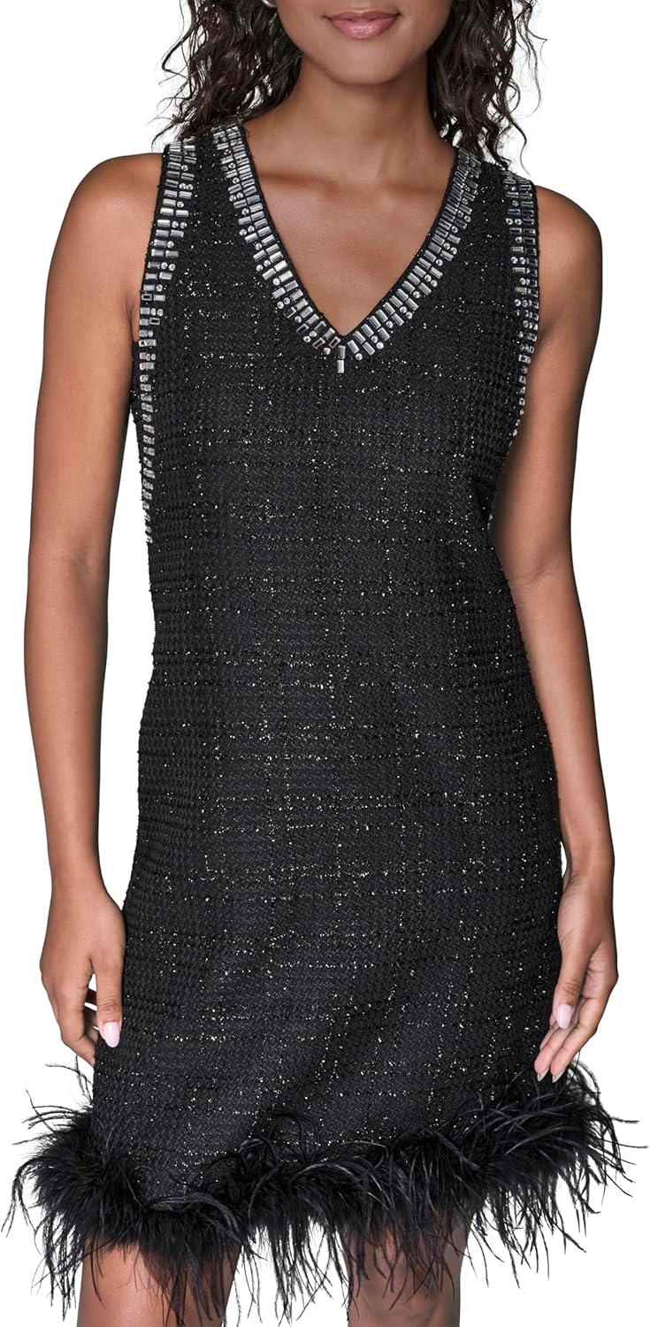 Karl Lagerfeld Women's Long Sleeve Embellished Collar Feather Trim Dress