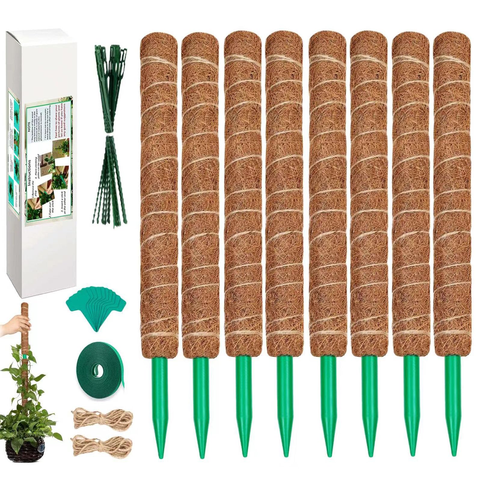 Moss Pole for Plants Monstera 164 Inch, 8 Pcs 20.5 Inch Moss Poles for Climbing Plants, Coco Coir Pole Plant Support Stakes for Indoor Climbing Plants Grow Upwards, with Garden Ties Kit