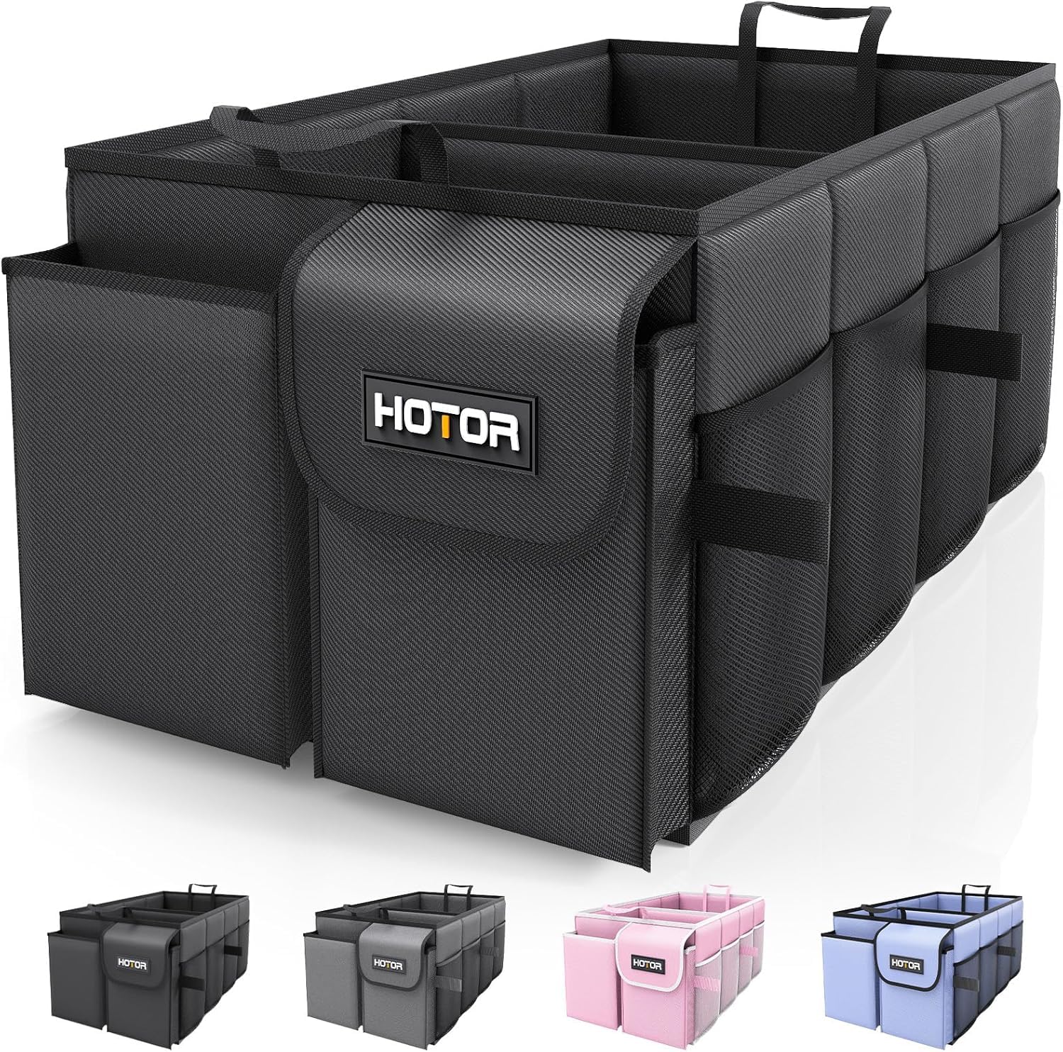 HOTOR Car Boot Oganiser - Large-Capacity Auto Trunk Organizer with 2 Compartments, Foldable Storage for SUVs, Sturdy Car Accessories for Men Tools Camping, Black, 53.8 × 31.7 × 26.6 cm
