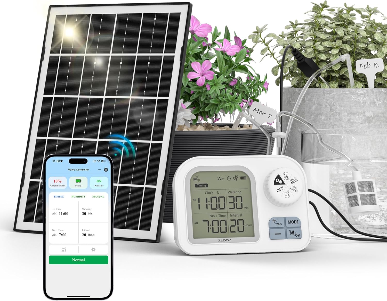 Raddy WS-74 Solar Drip Irrigation System with Smart APP Control, IPX7 Waterproof, Adjustable Soil Moisture Sensor, 2600mAh Battery, Automatic Watering Kits for Indoor Outdoor 15 Potted Plants