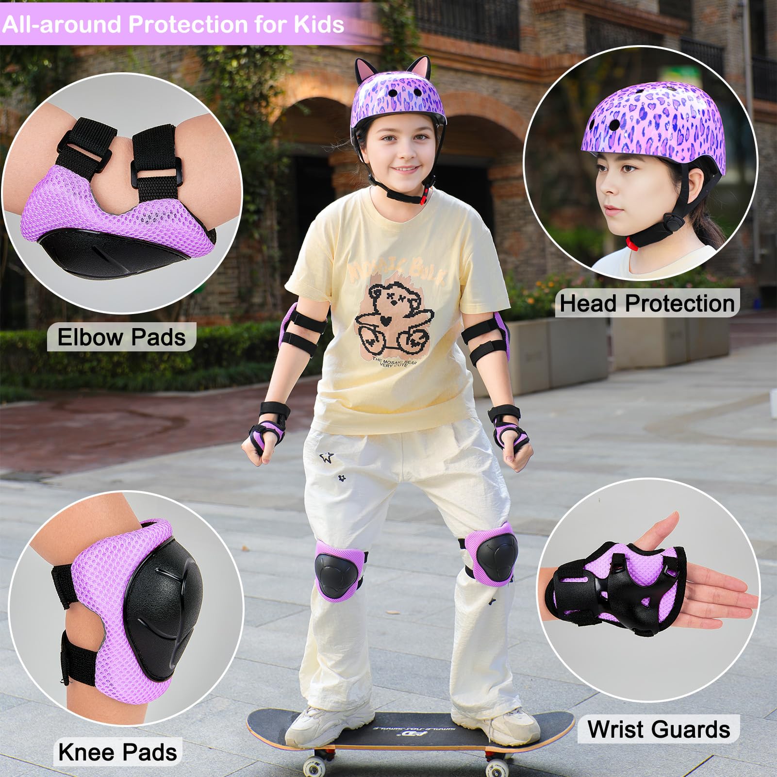 Kids Helmet, Bike Helmets for Kids 8-14 with Knee Pads and Elbow Pads Wrist Guards, Adjustable Youth Girls Bike Helmet with DIY Cat Ears Skateboard Helmet for Scooter Skating Cycling