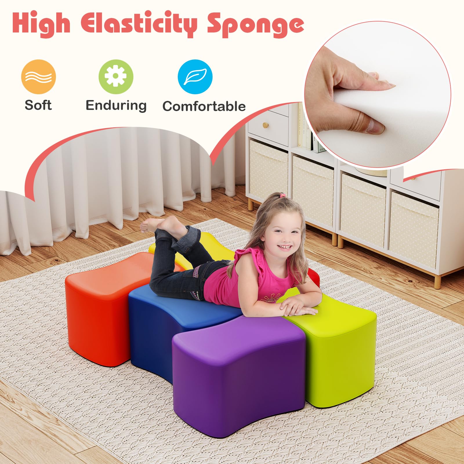 FANTASK 6er Set Sitzhocker, Kinderhocker aus Schaumstoff stapelbar, bunter Schmetterlingshocker, Kinderstuhl für Kinderzimmer, Kindergarten