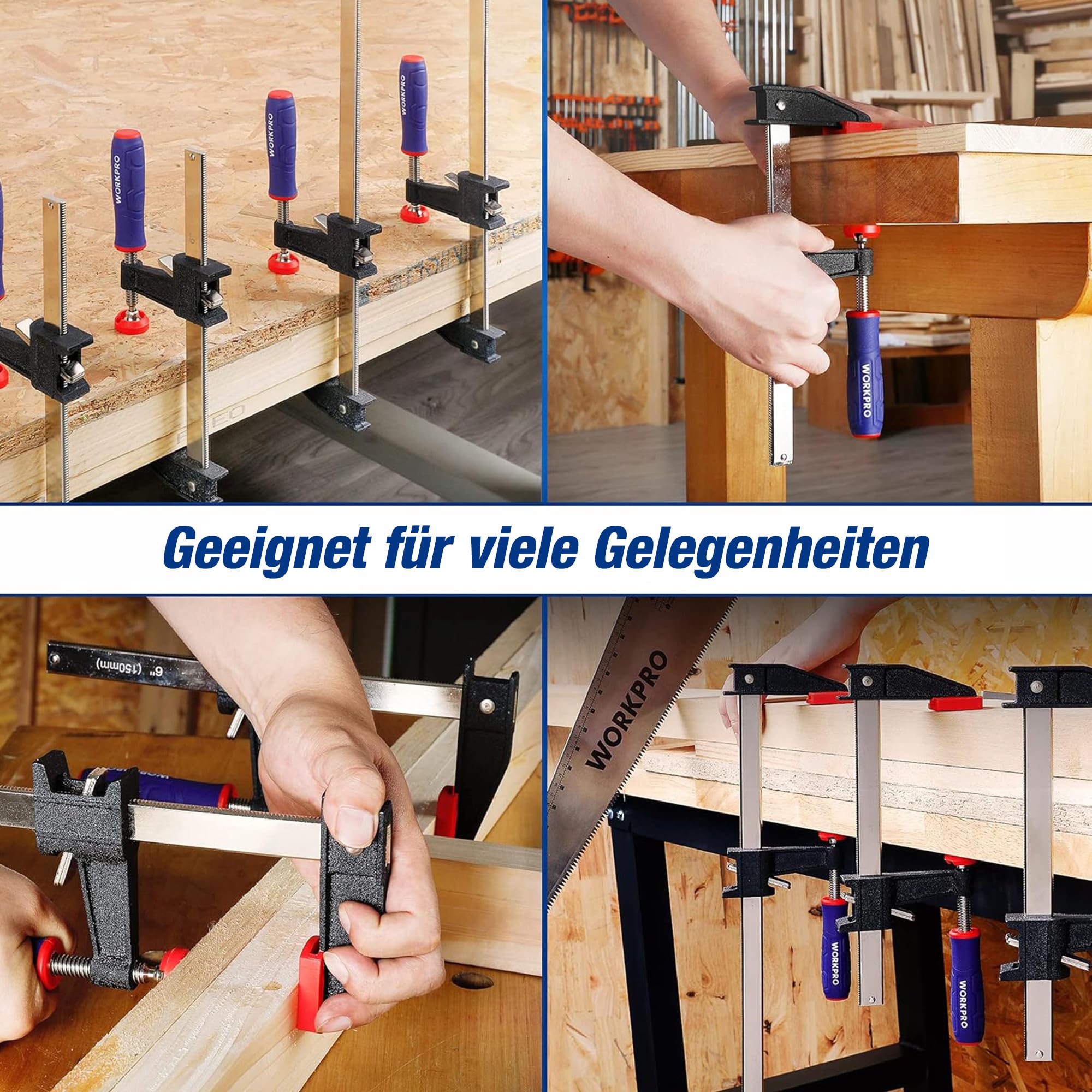 WORKPRO Schraubzwingen Set 4 Stück Spanner, Schraubzwingen-Sets mit Spannweite 150mm/300mm, Spannkraft 272kg, Ausladung 60mm, Stahl und Nylon für Holzbearbeitung präzises Fixieren von Holzwerkstücken