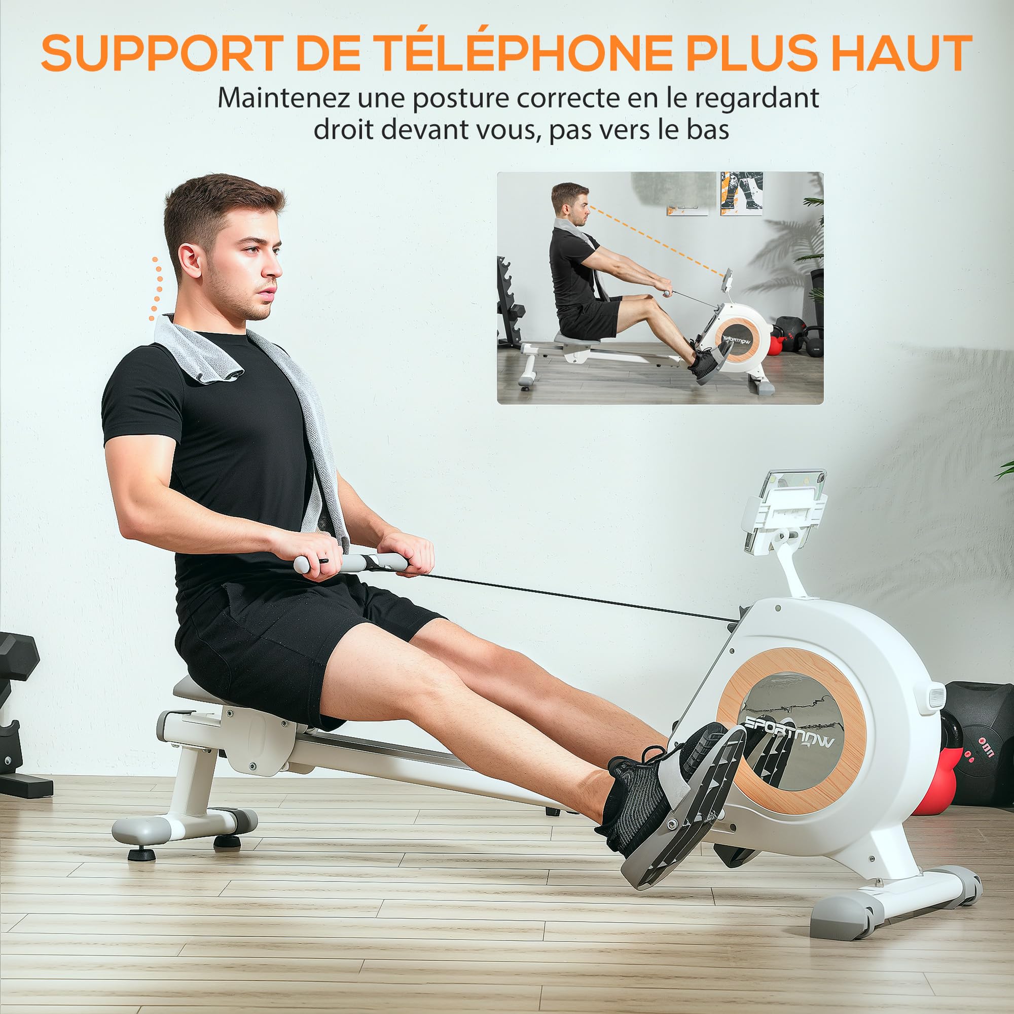 SPORTNOW Rameur magnétique à 16 Niveaux de résistance, rameur d'appartement Ultra Silencieux avec Support de téléphone et écran LCD, Stockage Vertical, Charge Max. 150 kg, Blanc et Gris