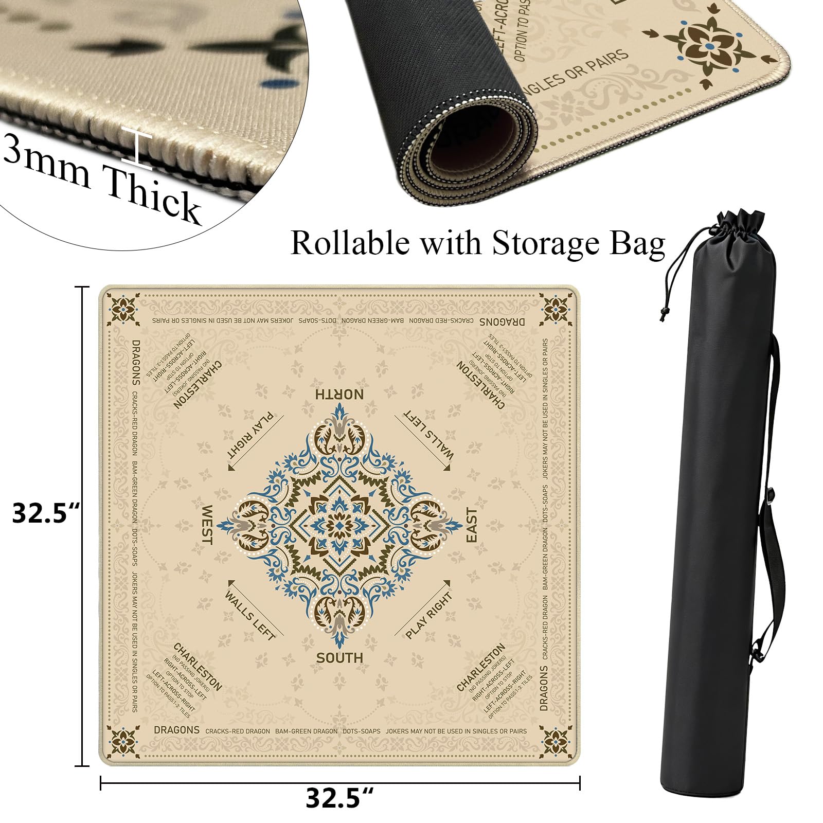 Tapis de Mahjong avec règles 82,5 x 82,1 cm, tapis de jeu antidérapant avec réduction du bruit avec sac de transport, housse de table pliable pour cartes de poker Mahjong, jeux de société