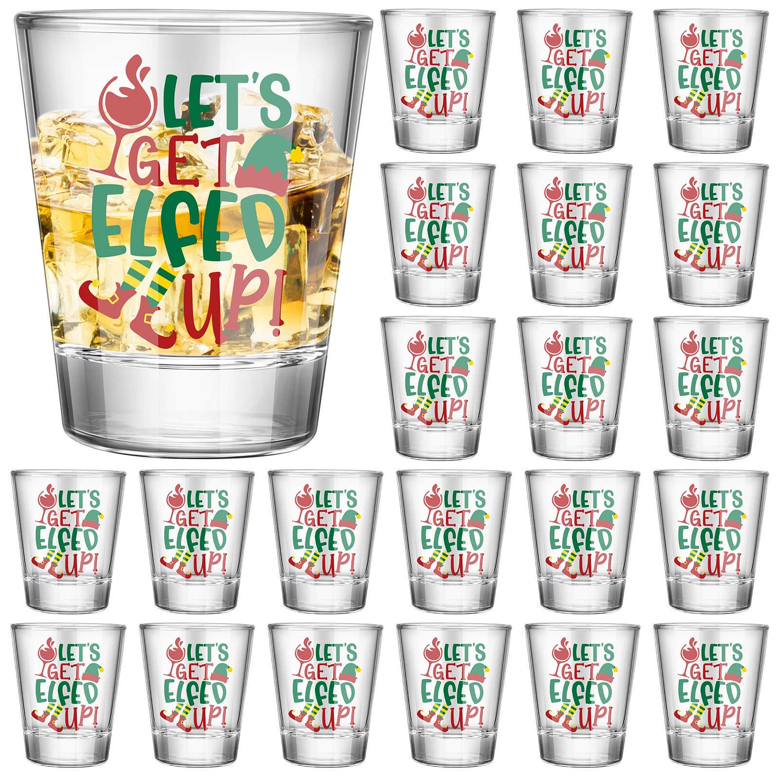 Tioncy Lot de 24 verres à shot transparents de Noël de 56,7 g avec impression « Happy Holiday » - Verres à cocktail amusants et cool pour décoration de table de Noël - Cadeau amusant