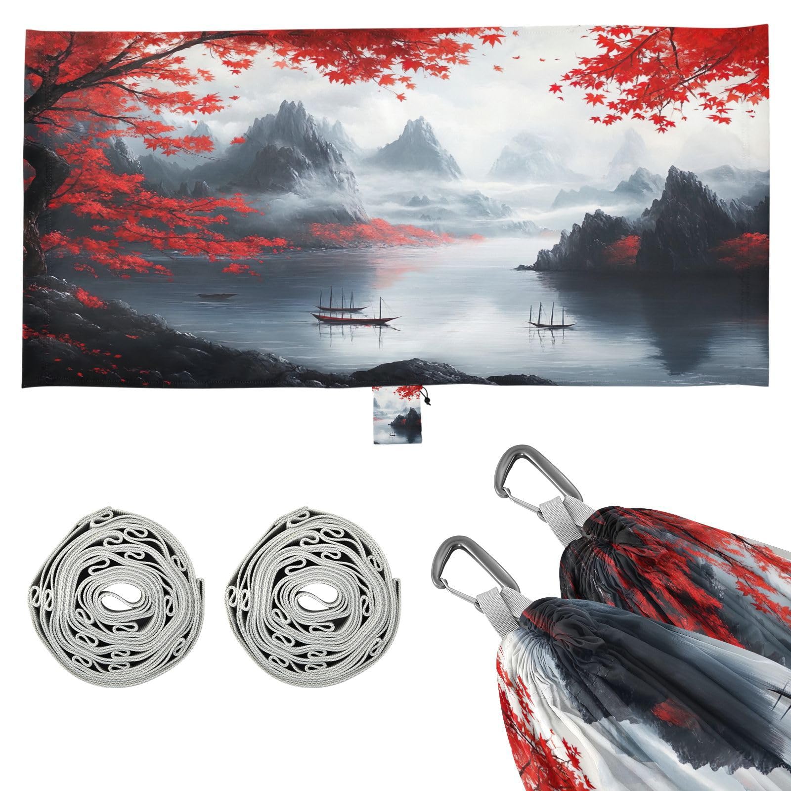 Haskirky Chinese Style Ink Painting Camping Hammock, Single Portable Hammocks with Tree Straps & Attached Carry Bag, 330Lbs Capacity Perfect for Outside Indoor Hiking Beach Backpack Travel