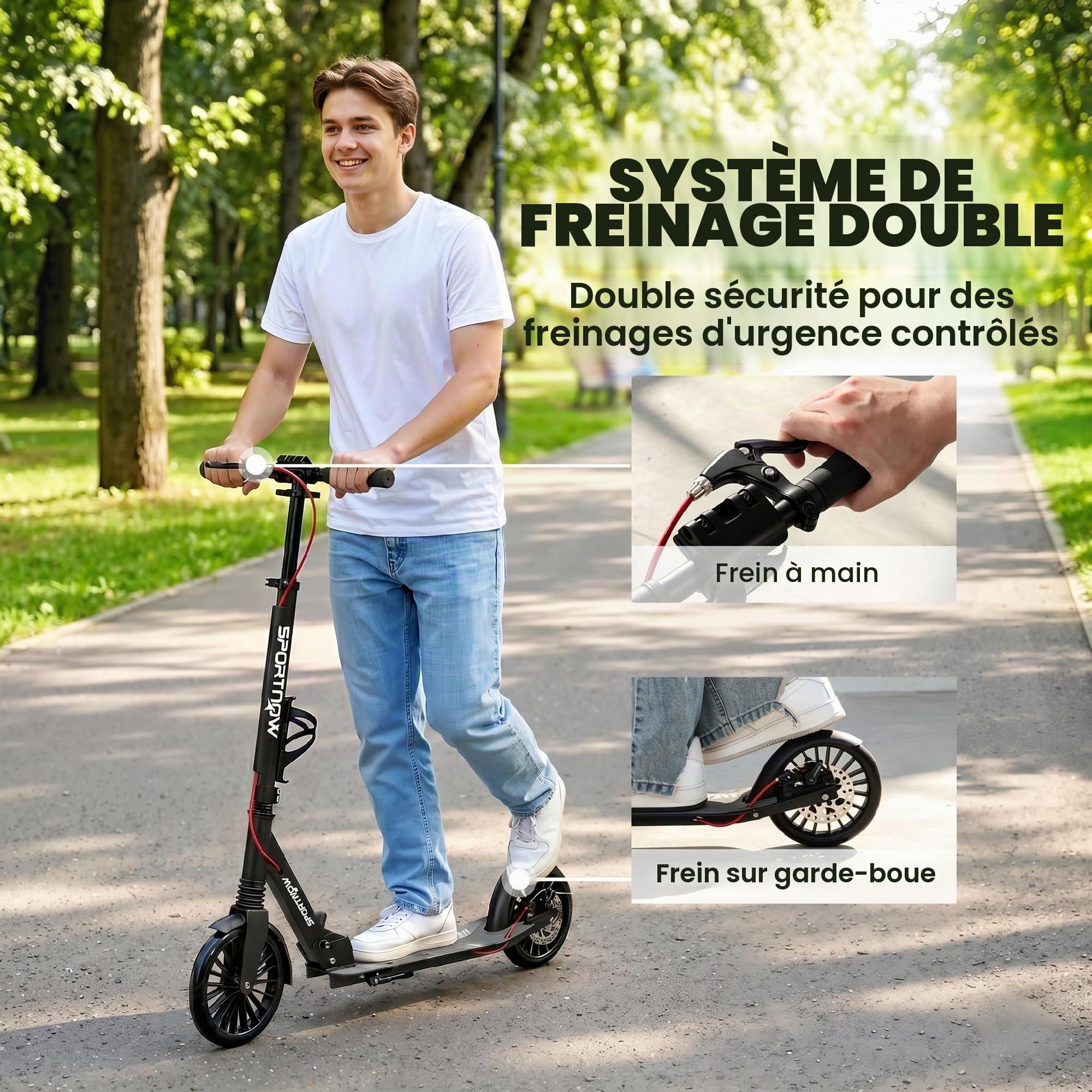 SPORTNOW Trottinette de ville en aluminium réglable en hauteur et pliable, avec roues en polyuréthane de 200 mm, roulements à billes ABEC-7, double système de frein, porte-gobelet, jusqu'à 100 kg