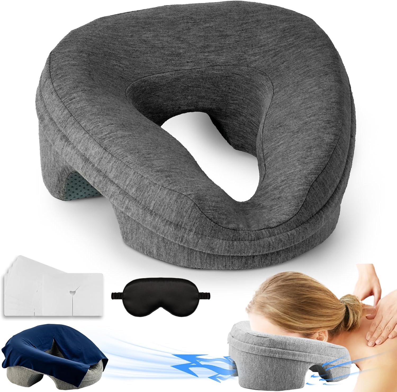 Face Down Pillow Massage Headrest for Bed, Stomach Sleeping Pillow, BBL Pillow After Surgery Post Eye Surgery Recovery & Vitrectomy Recovery for Massage Tables, Piercing Pillows Removable Cover Black