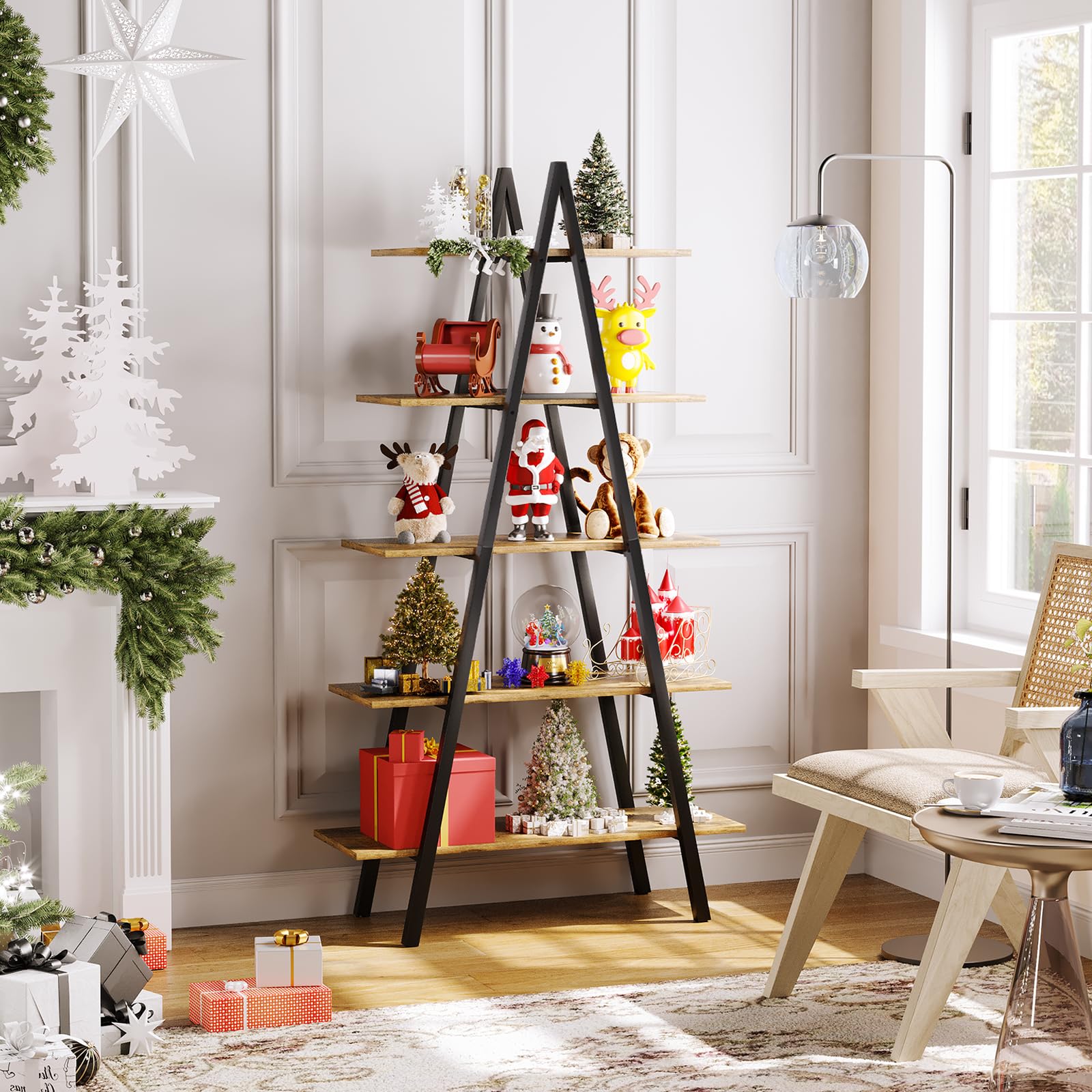 YOUDENOVA 5-Tier Ladder Bookshelf Industrial A-Shaped Bookcase Christmas Village Display Stand Tall Ladder Shelf Storage Organizer for Living