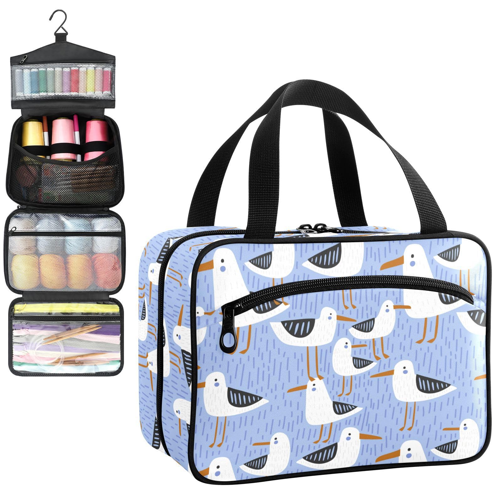 YNNALE Sewing Supply Organizer Bag, Hand Drawn Seagull Cute Seabird Portable Sewing Bags with Pockets&Hanger, Sewing Storage Box Case for Sew Supplies/Kit/Tools/Accessories (BAG ONLY)