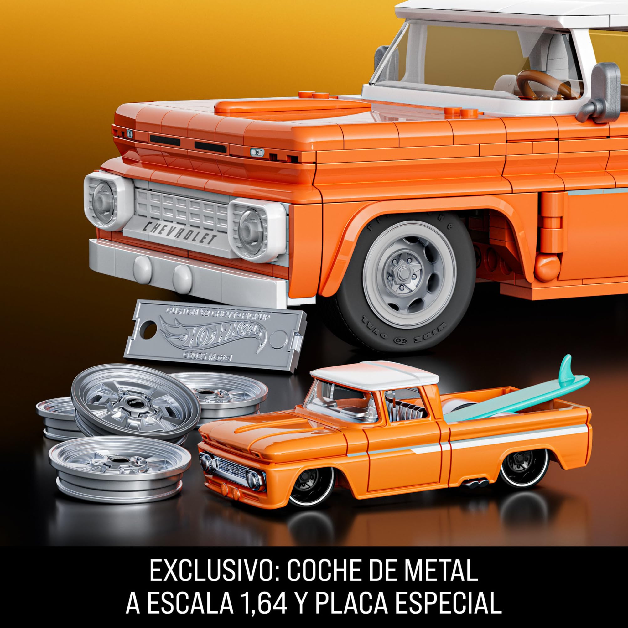 Mattel Brick Shop Hot Wheels Camioneta Custom '62 Chevy con 858 piezas, detalles realistas y pegatinas para personalizarlo, para adultos coleccionistas y niños y niñas a partir de 10 años, JFT20