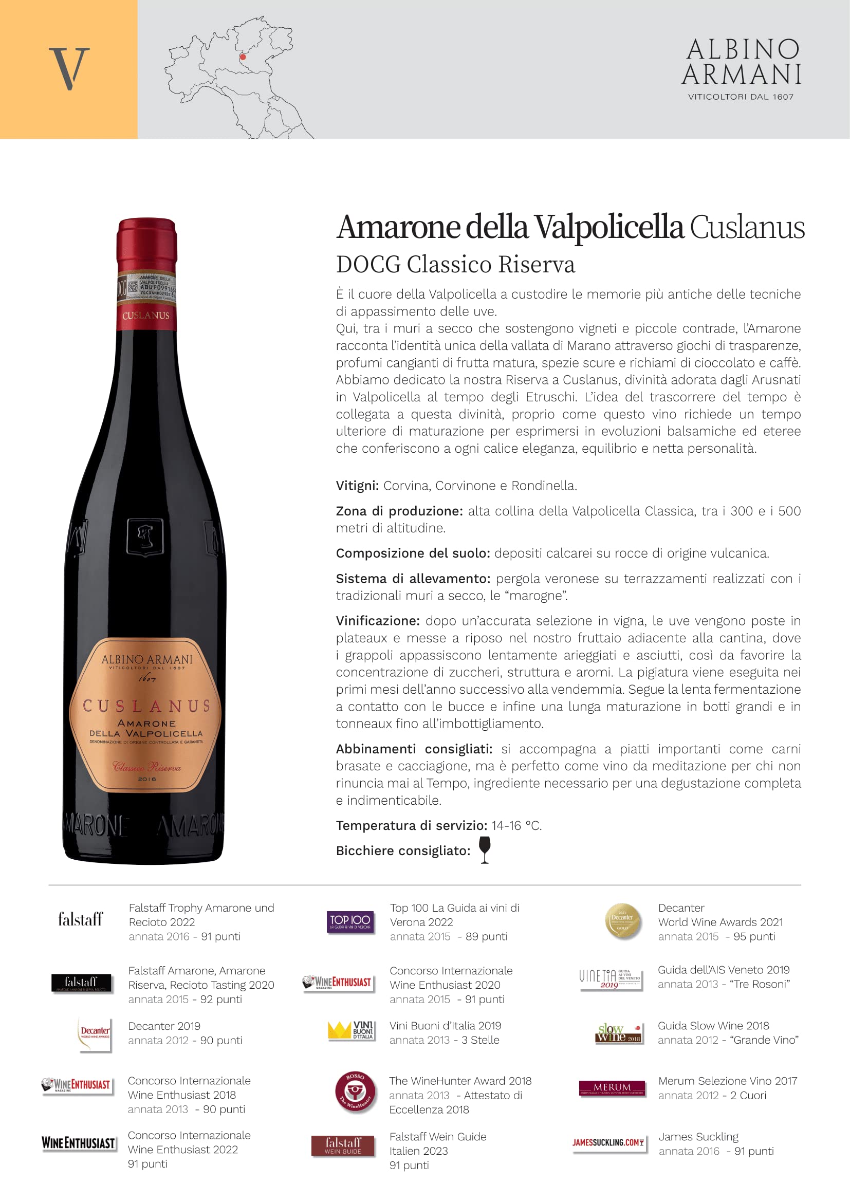 ALBINO ARMANI - GIFT AMARONE RISERVA - Confezione regalo in legno con logo da 1 bottiglia x 750 ml - 1x "CUSLANUS" Amarone della Valpolicella Classico Riserva DOCG