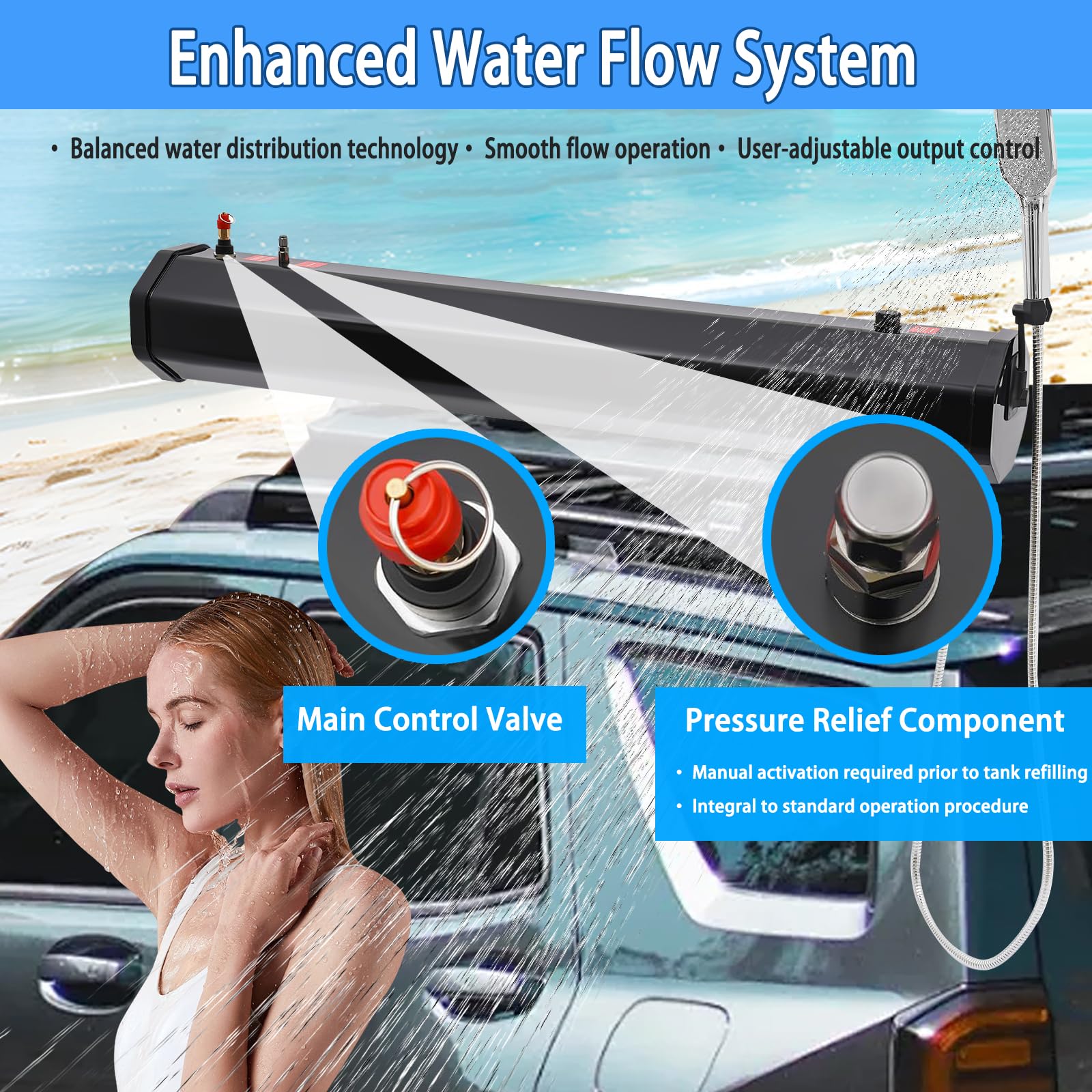 Doccia Portatile per Tetto con Serbatoio d'Acqua Pressurizzato, Doccetta e Tubo Regolabili per Campeggio Fuoristrada, SUV, Camion, Camper e Avventure all'Aperto
