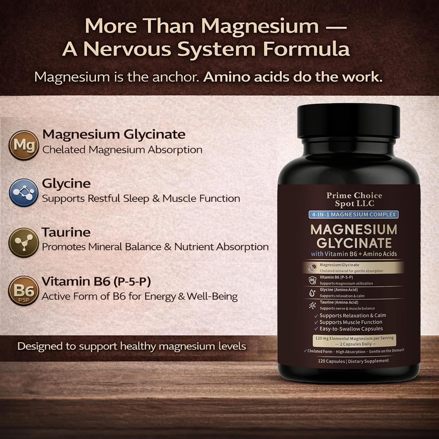 Magnesium Glycinate 120mg – High Absorption Magnesium Supplement with Glycine, Taurine & Vitamin B6 – Supports Sleep, Calm, Stress Relief & Muscle Function – 120 Capsules