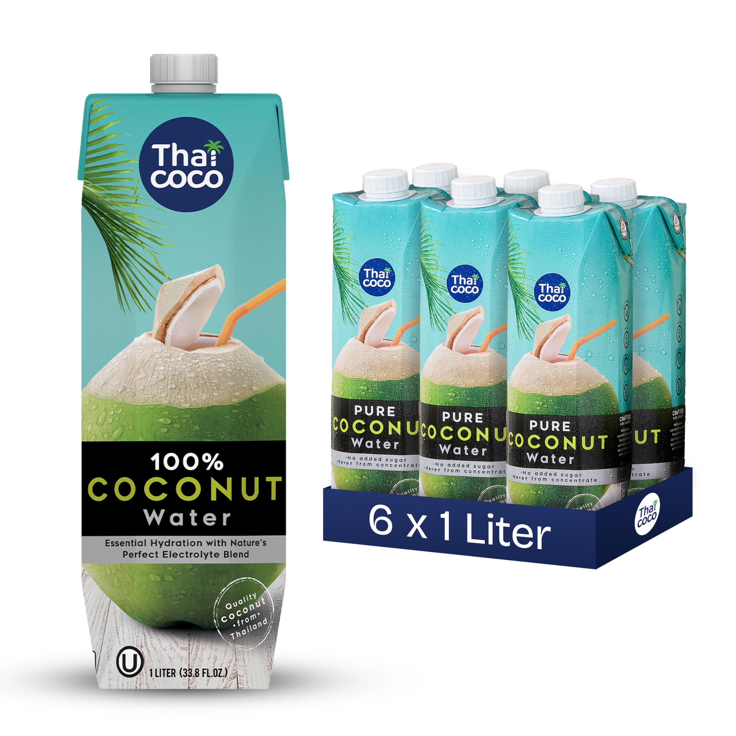Thai Coco 100% Pures Kokoswasser 6x1L, aus Thailand – Natürliches Coconut Water mit Elektrolyten – Ohne Zuckerzusatz & Ohne Konservierungsstoffe – Hydration Getränk für Sport & Alltag