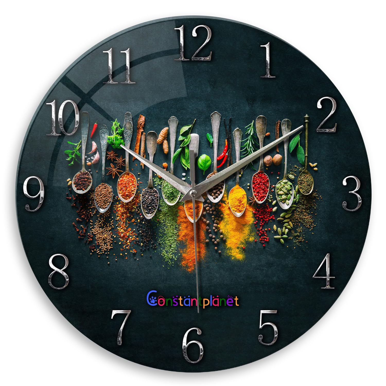 Constantplanet Kitchen Wall Clocks Battery Operated 14 Inches Glass Decorative Clocks for Walls Round Wall Clock Silent Non Ticking