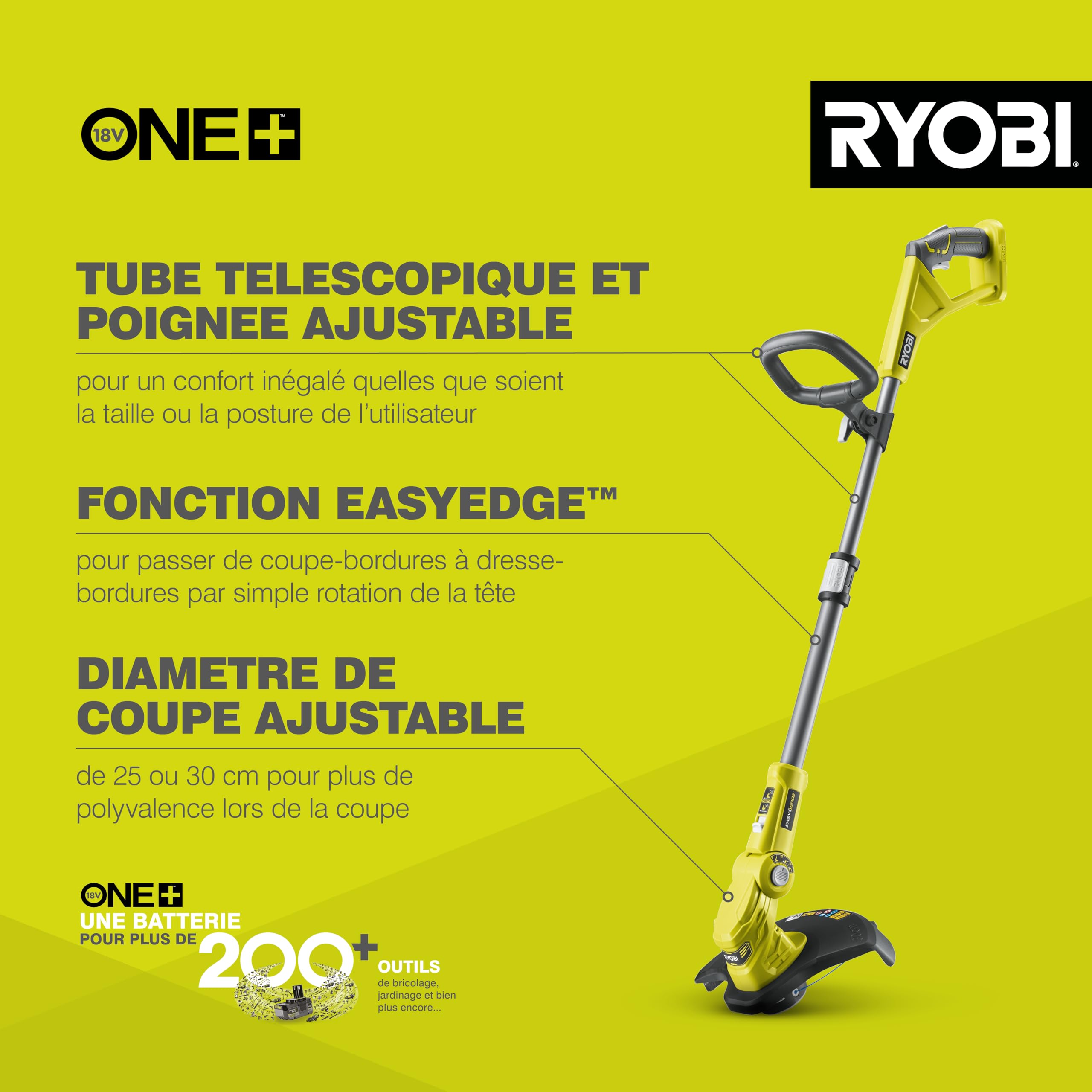 RYOBI - Coupe-Bordures sans Fil 18V One+ OLT1832 – Coupe Ø25-30 cm, Hauteur Télescopique, Mode Dresse-Bordure, Idéal pour Bordures, Massifs et Talus – Batterie Non Incluse