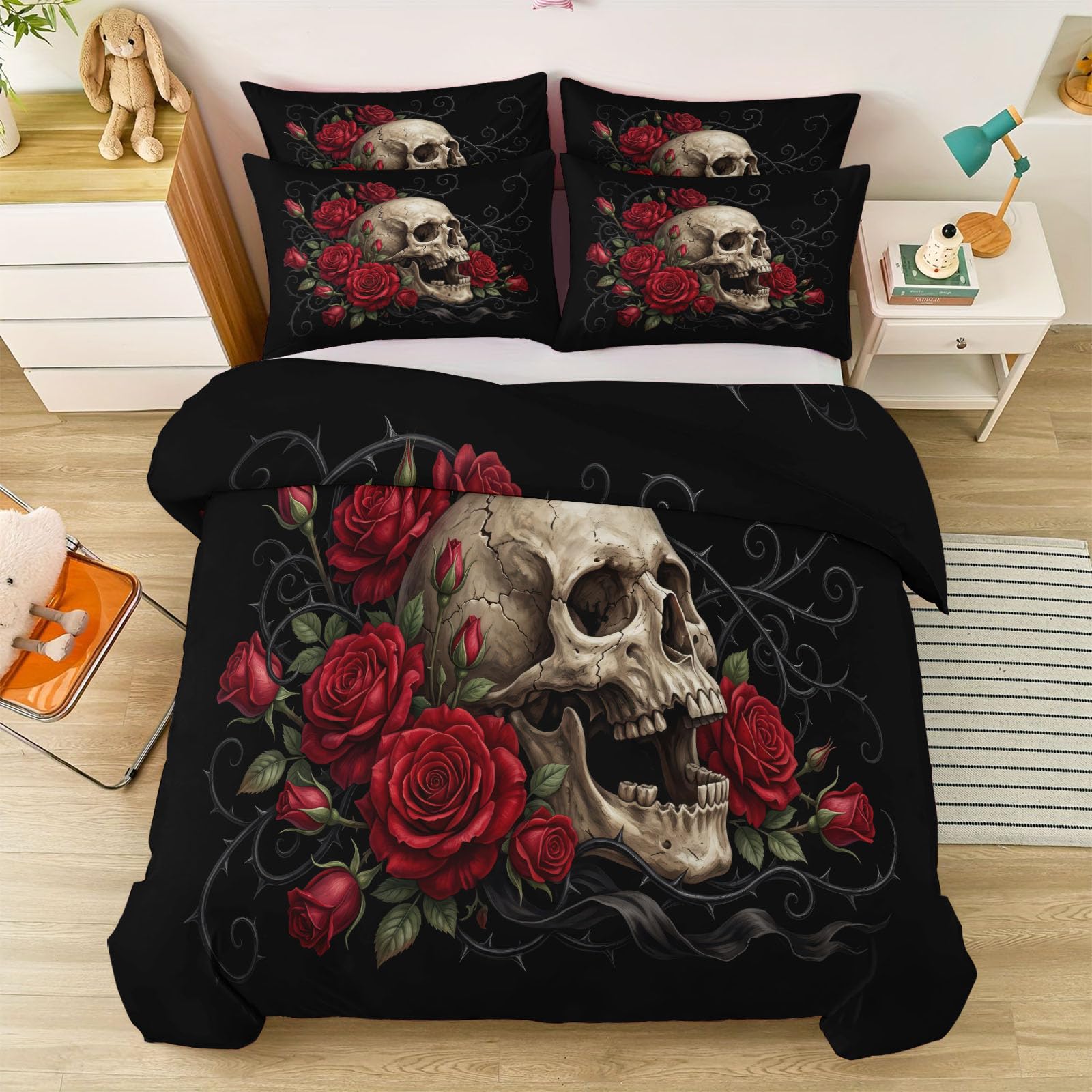 Czarny zestaw poszewek na kołdrę na Halloween, rozmiar podwójny 200 x 200 cm, roślina, winorośl, kwiatowa czaszka, miękka, oddychająca, zestaw pościeli z mikrofibry, z 2 poszewkami na poduszkę