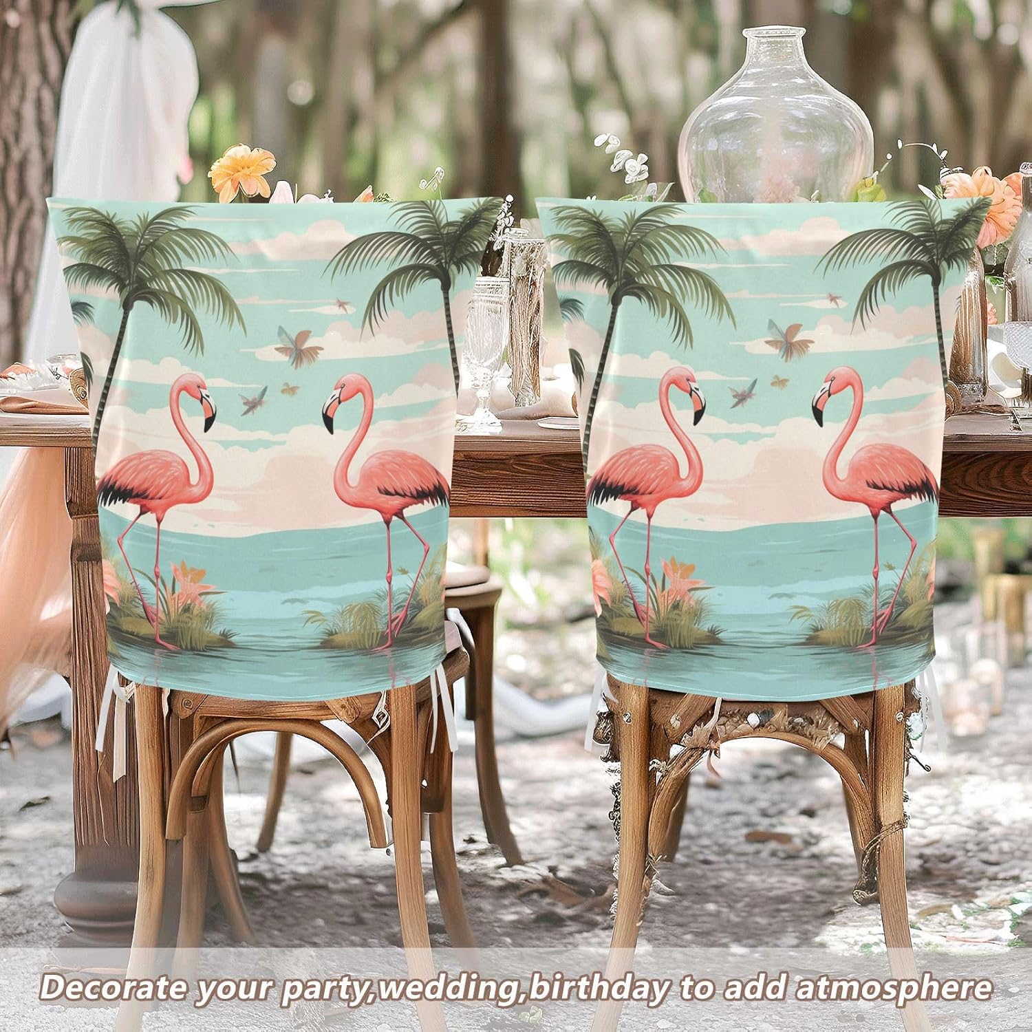 ALAZA Tropical Palm Trees Flamingo Birds Chair Back Cover Set of 6, Washable Reusable Removable Chair Slipcovers Decorative Chair Cover for Home Kitchen Wedding Party
