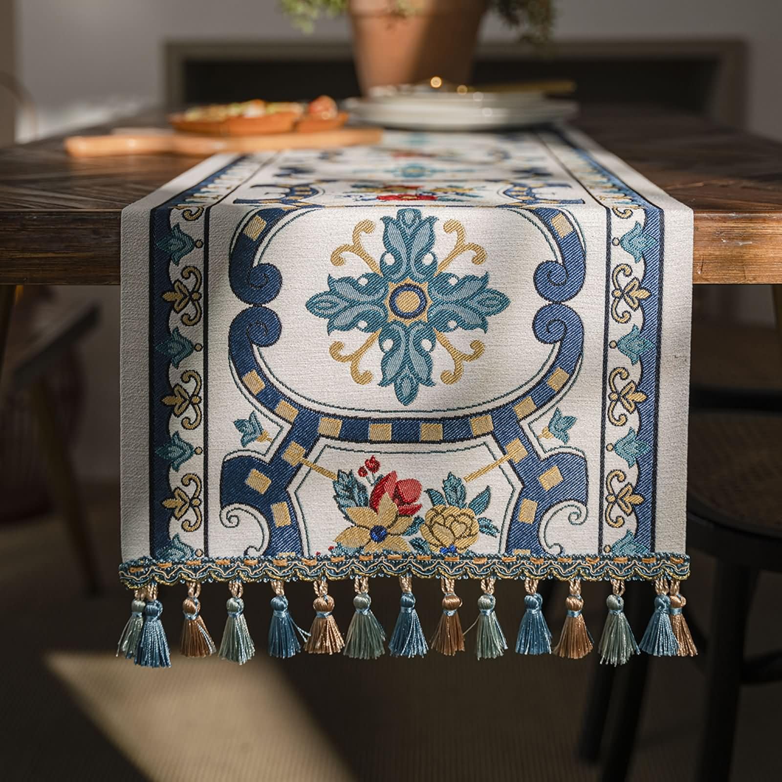 Runner Tavola Blu con Motivi Floreali,Poliestere Cotone,35x350cm