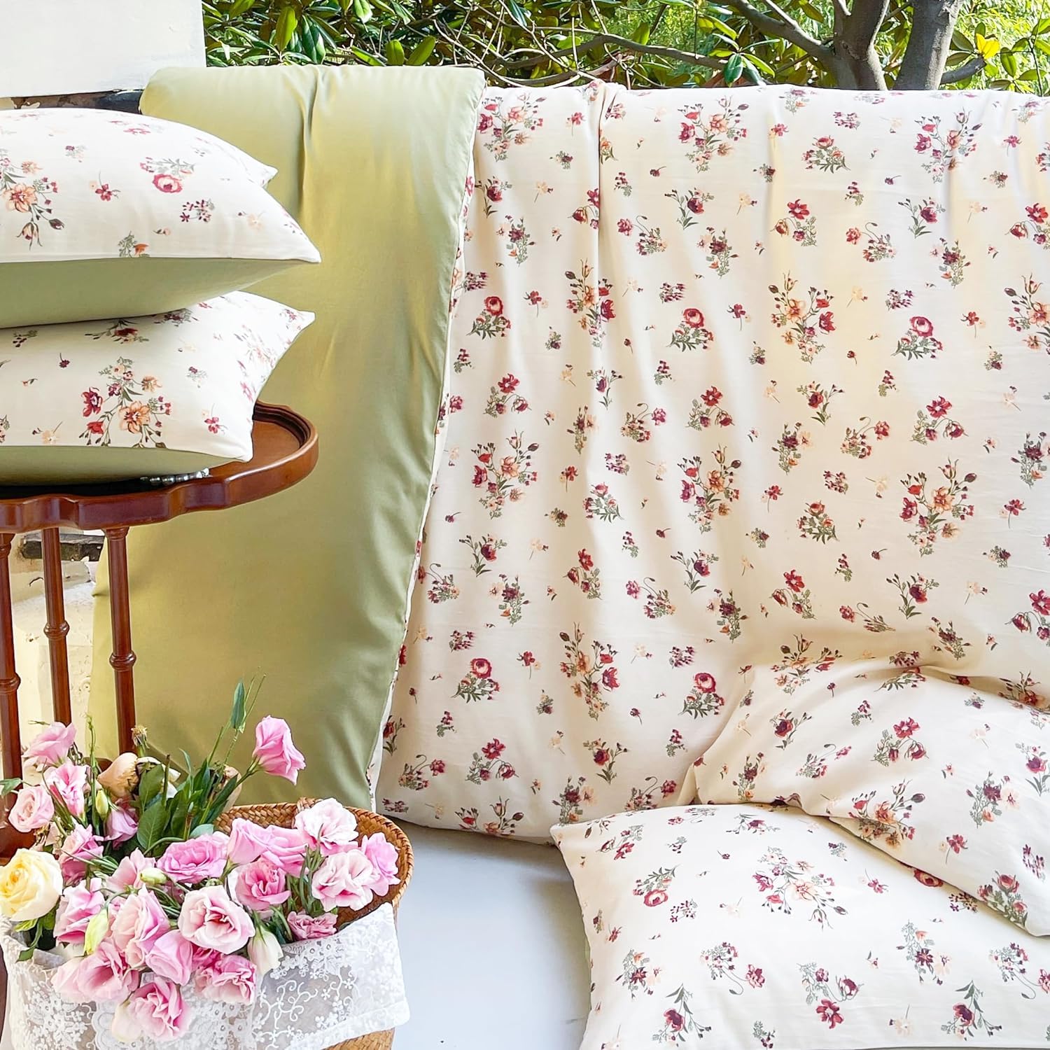 Lanqinglv Duvet Cover Set Single Green Beige Floral Leaves Leaf Botanical Reversible Bedding Set Single Bed Soft Quilt Cover 135x200cm with Zipper Closure and 1 Pillowcase 50x75cm