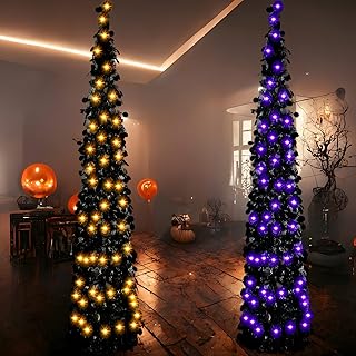 2 Pcs 5 ft Halloween Trees Black Tinsel Christmas Trees with 80 LED Lights Artificial Pencil Trees Collapsible Halloween Xmas Trees for Party Fireplace Home Decorations