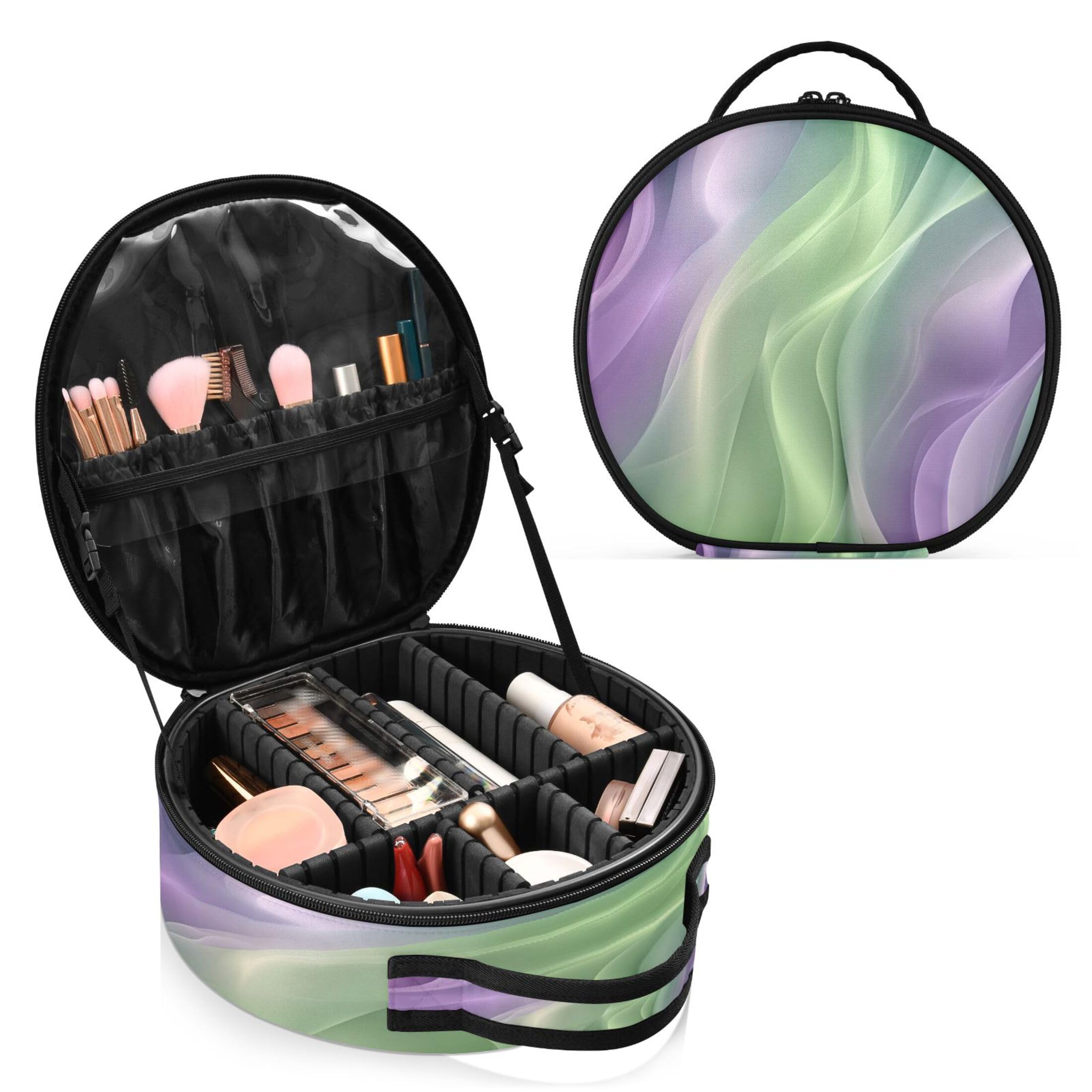 Takiito Silky Green Purple Travel Makeup Case Portable Makeup Box Artist Cosmetic Case Organizer With Adjustable Dividers