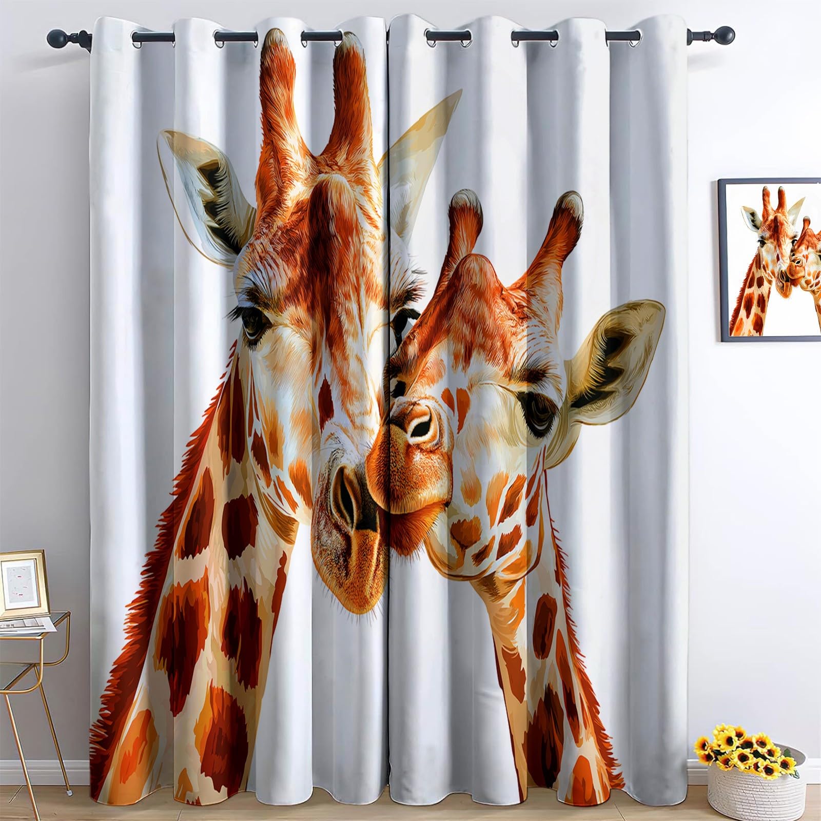 White Living Room Eyelet Curtains Watercolour Giraffe Kiss Bedroom Blackout Curtain, Thermal Insulated Ring Top Window Drapes 55” W x 102” L 2 Panels, For Home Office Decoration