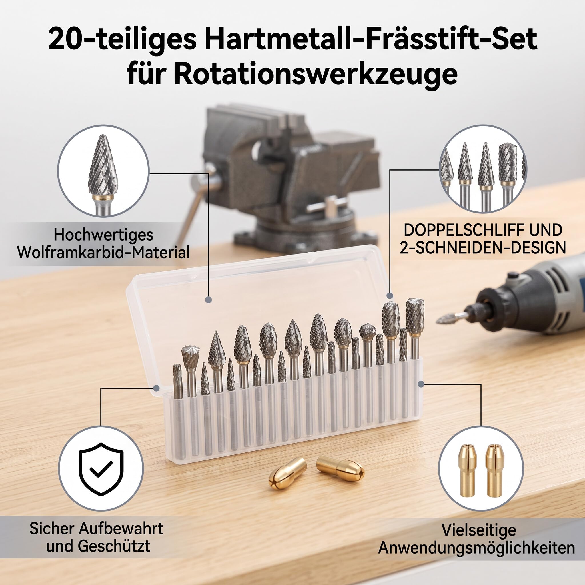 Set di Frese Rotanti in Carburo di Tungsteno da 20 Pezzi a Doppio Taglio (gambo da 1/8 di pollice) Compatibile con Smerigliatrici/Hardell Applicabile su Metallo/legno/pietra,