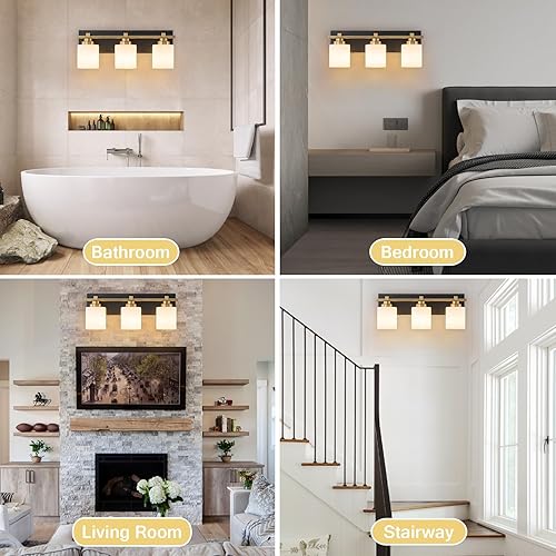 Miniatura 6 de 3 lámparas modernas de baño sobre el espejo, luces de tocador de oro negro para apliques de pared de baño con pantallas de vidrio blanco lechoso
