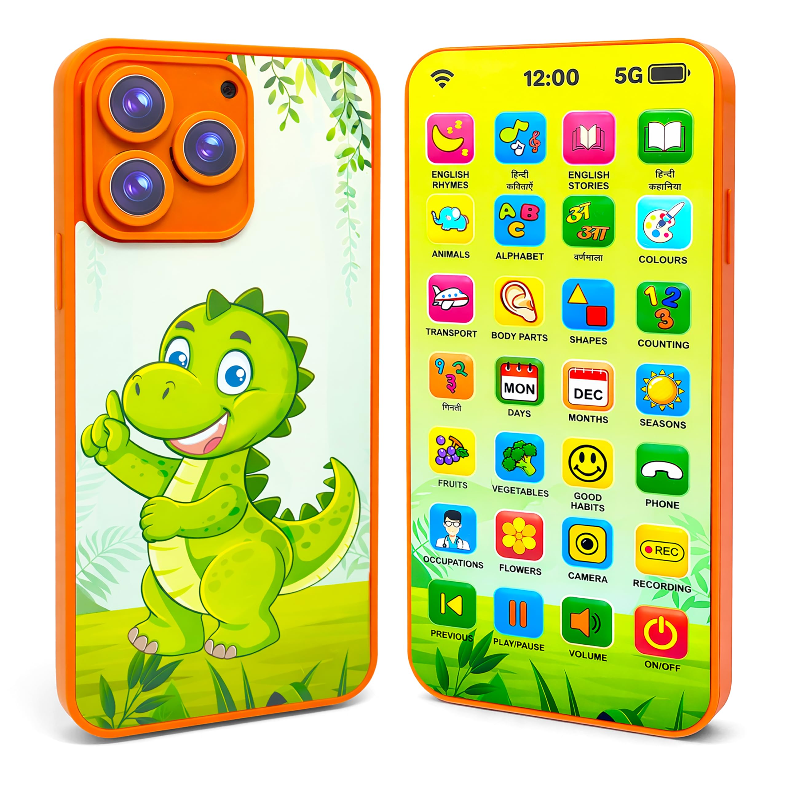 Rechargeable 24 Modes Dinosaur Theme Phone Toy for Kids with English and Hindi Rhymes, Stories, Alphabets and Numbers - Educational Learning Dummy Mobile Toy with Voice Recording –Multicolor-image-12