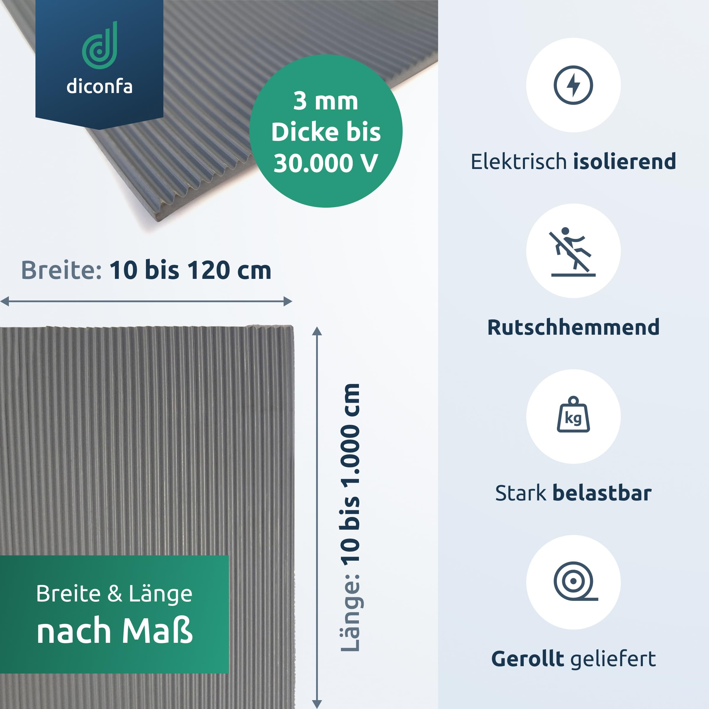 diconfa Elektriker Gummimatte Isoliermatte VDE 3mm grau bis 30000 Volt - BREITE 0,1m bis 1,2m - LÄNGE 0,05m bis 10m - Auswahl 100cm x 205cm - Standort Schutzmatte Bodenbelag elektrisch isoliert