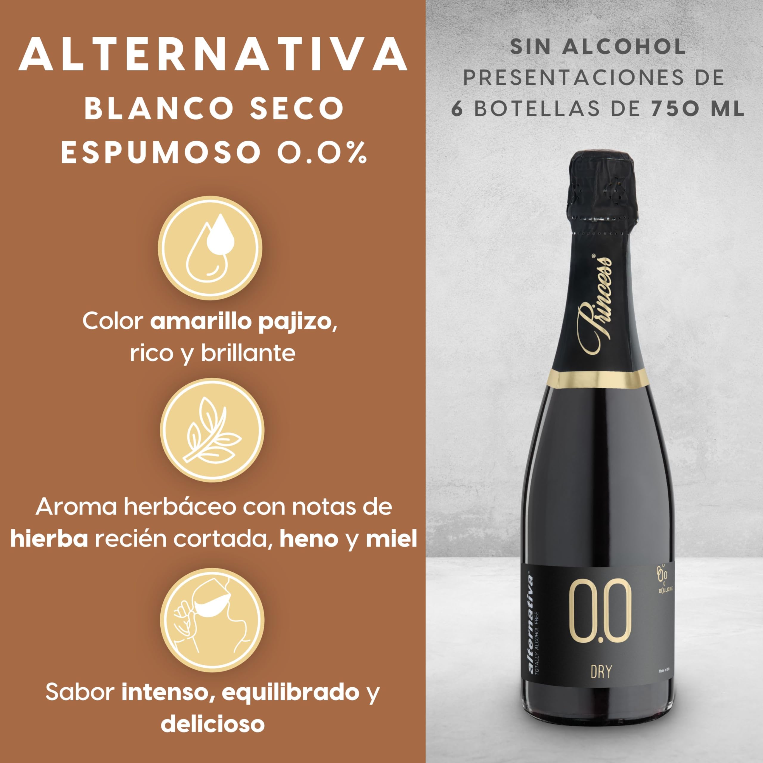 ALTERNATIVA Blanco Seco Espumoso Sin Alcohol 0.0% 6 Botellas de 750ml | Burbujeante Italiano Desalcoholizado Premium - Ideal para Celebraciones