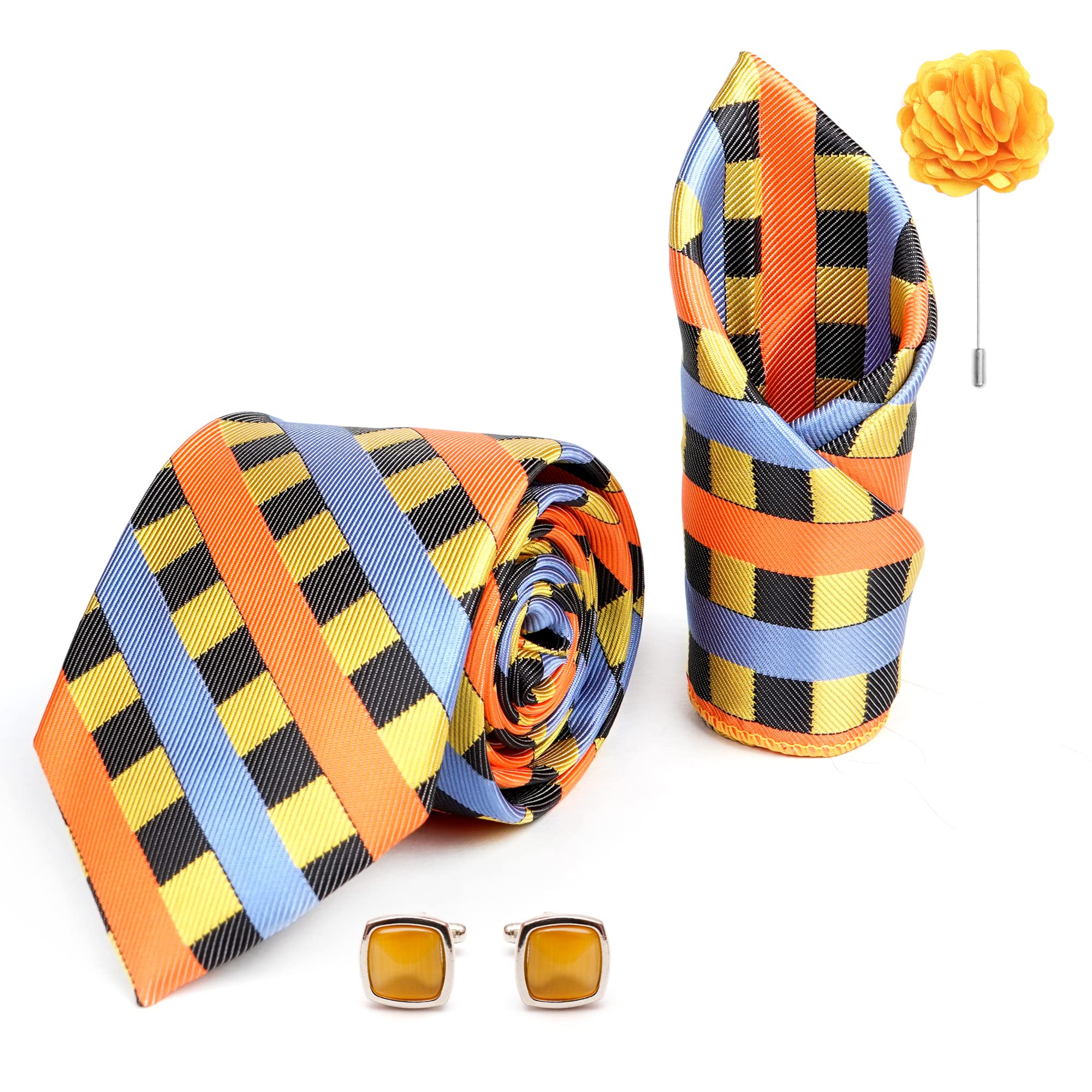 axlon Mens Plaid Stripped Silk Necktie Gift Set With Pocket Square Cufflinks & Brooch Pin Tie For Men Formal With Leatherite Box (STRIPM1RX Free Size) | (Leather Gift Box) (Pack of 4)-picture-25
