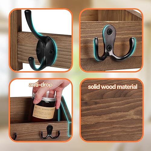 Miniatura 7 de AMBIRD Ganchos de pared con estante de 26.57 pulgadas para colgar en la pared, ganchos de madera para colgar abrigos de pared con estante para