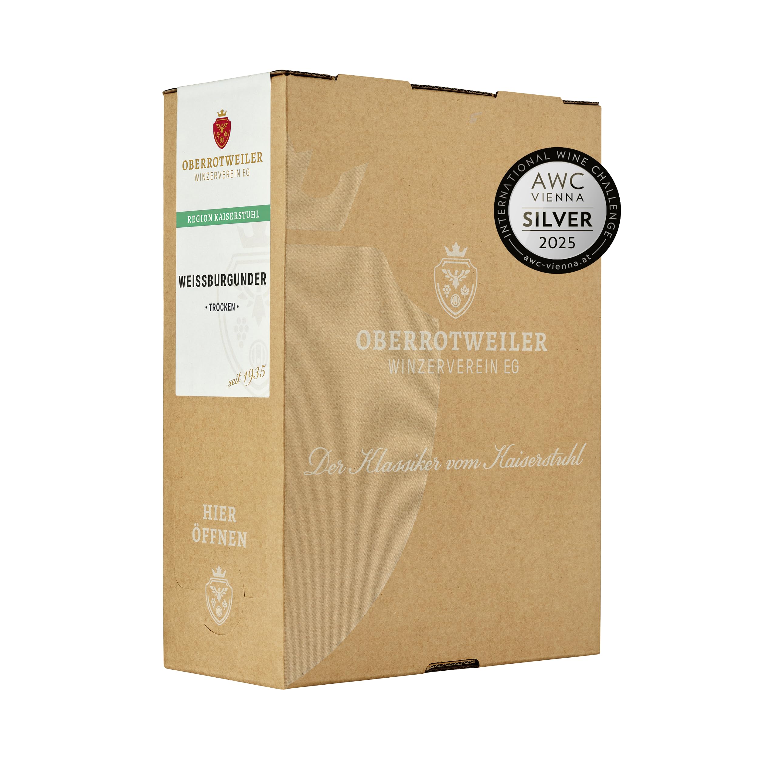 Oberrotweiler Wein-Box Weißburgunder 3 Liter QbA - SILBER 2025 AWC Vienna - Weißwein, fruchtig frisch mit Aromen nach Apfel, Birne und Zitrus - Badischer Wein (1 x 3,0 l Bag-in-Box)