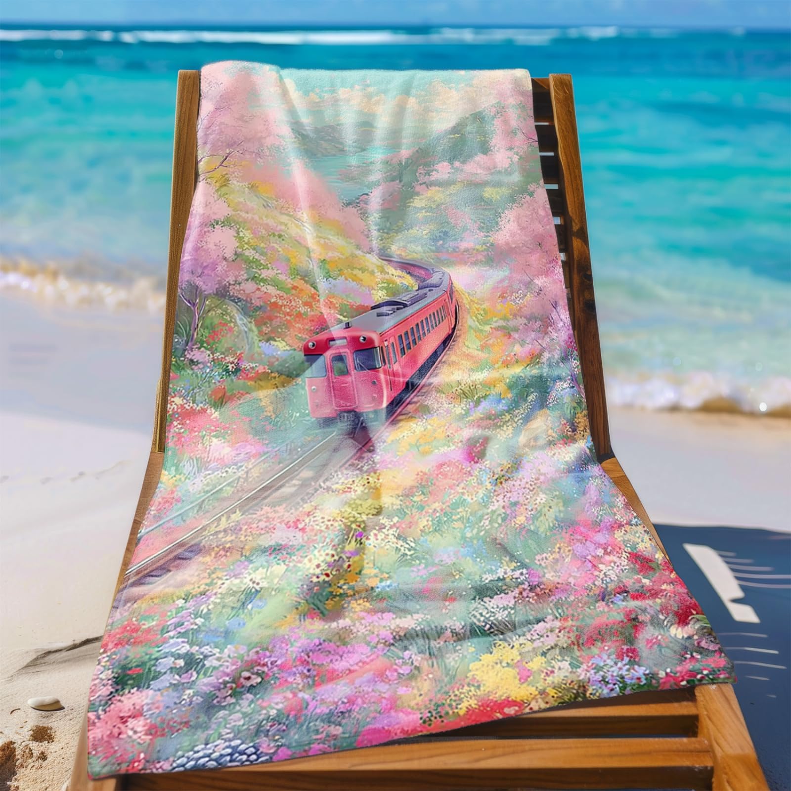 Telo Mare Microfibra 210x230 Treno, Fiori Telo Spiaggia Grande Antisabbia,XXL Asciugamano Mare, Asciugatura Rapida, Stuoia Spiaggia Leggero E Portatile
