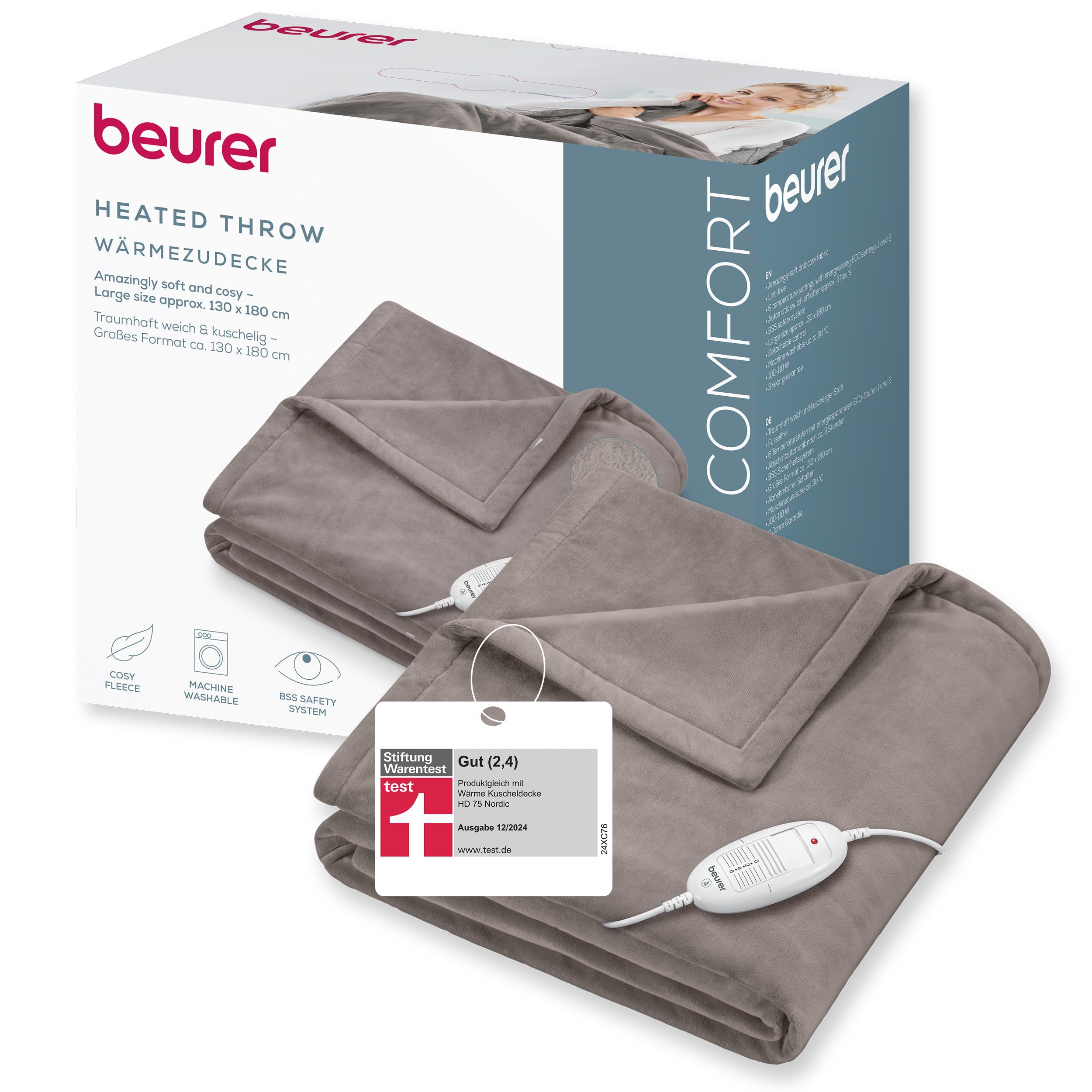 Beurer HD 75 Heizdecke, kuschelige Wärmedecke mit 6 Temperaturstufen, Sicherheitssystem und Abschaltautomatik, maschinenwaschbar, Taupe, 180 x 130 cm