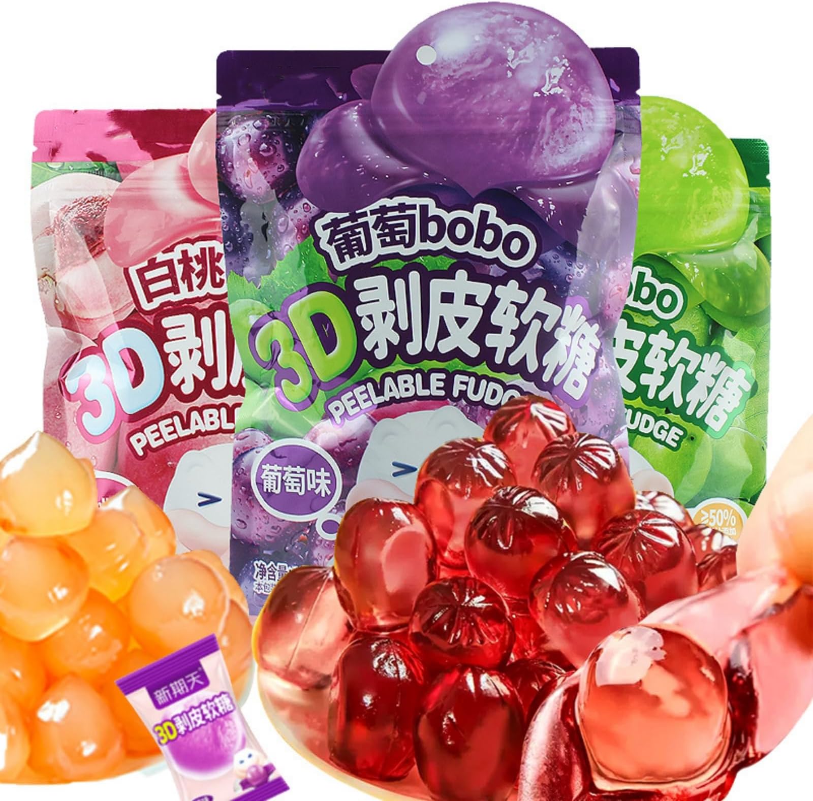 Peelable Crystal Fruit Gummies,4D Chewy Candies with 50% Real Juice, Assorted Flavors, Individually Wrapped Soft Sweets Perfect for Snacks and Desserts, Fun Treats for All Ages(3 pcs)